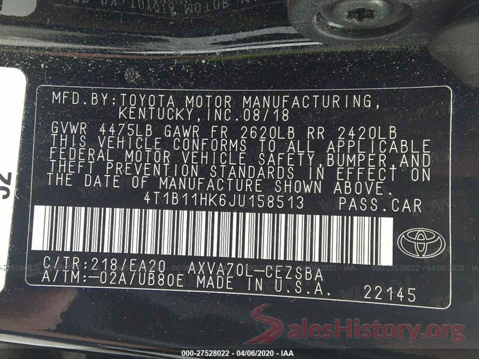 4T1B11HK6JU158513 2018 Toyota Camry