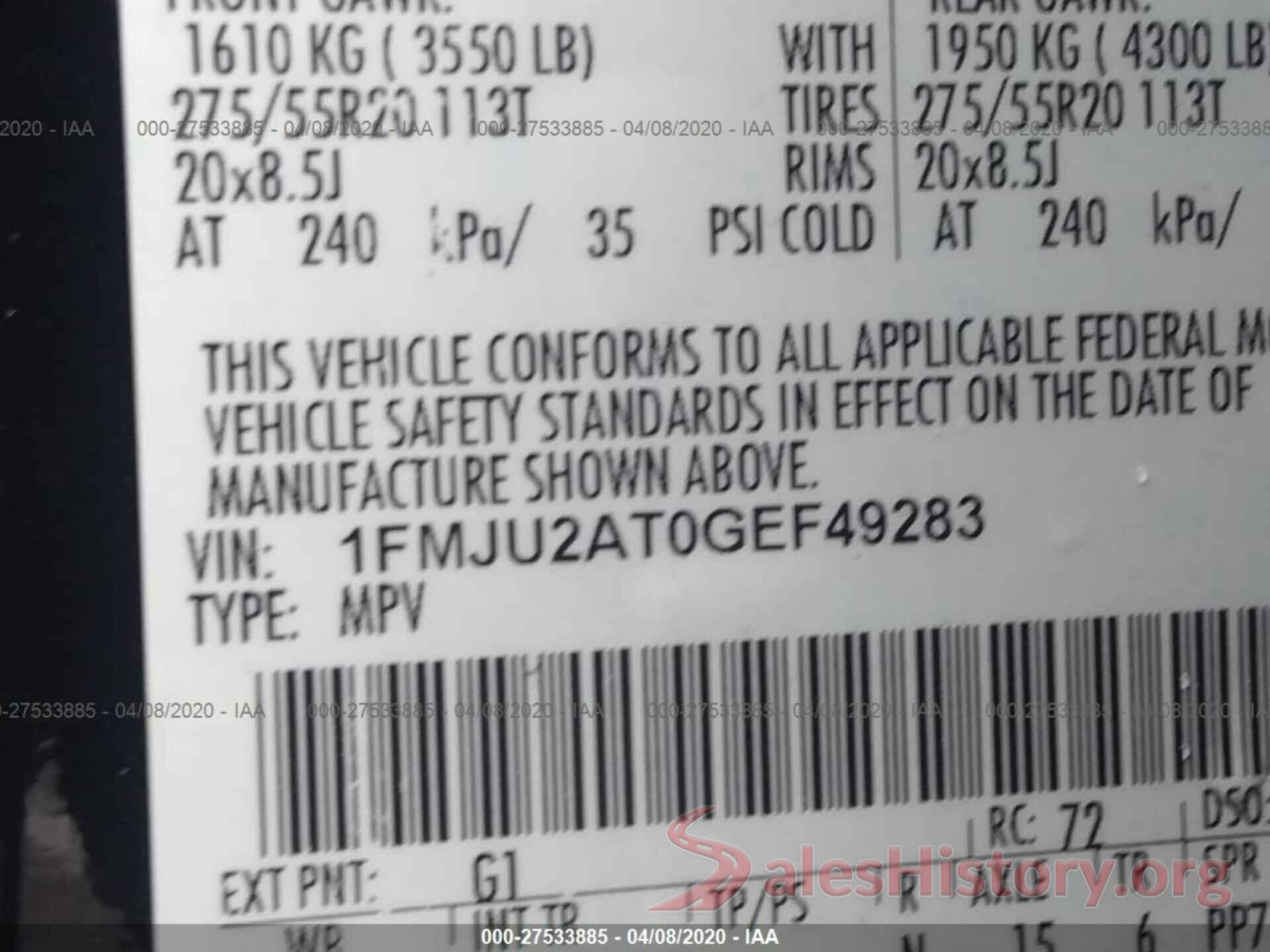 1FMJU2AT0GEF49283 2016 FORD EXPEDITION