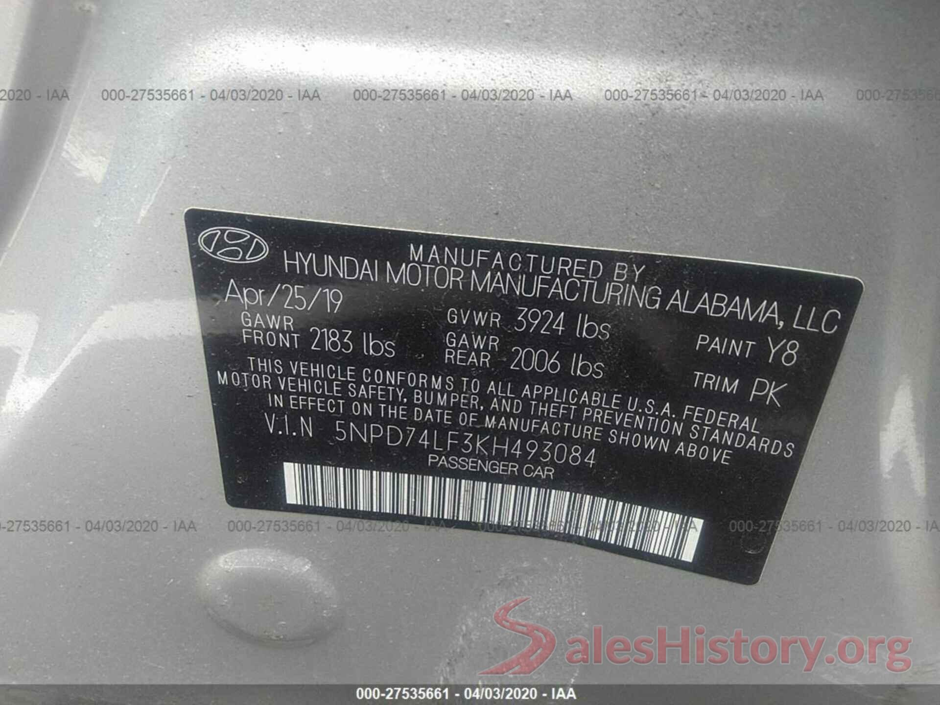 5NPD74LF3KH493084 2019 HYUNDAI ELANTRA