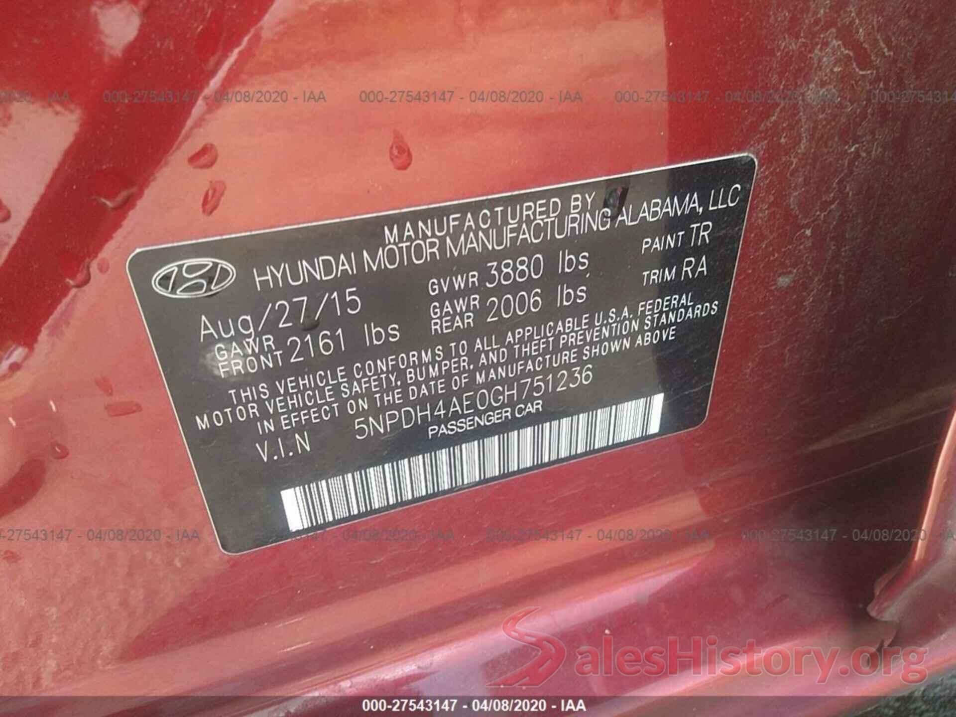 5NPDH4AE0GH751236 2016 HYUNDAI ELANTRA