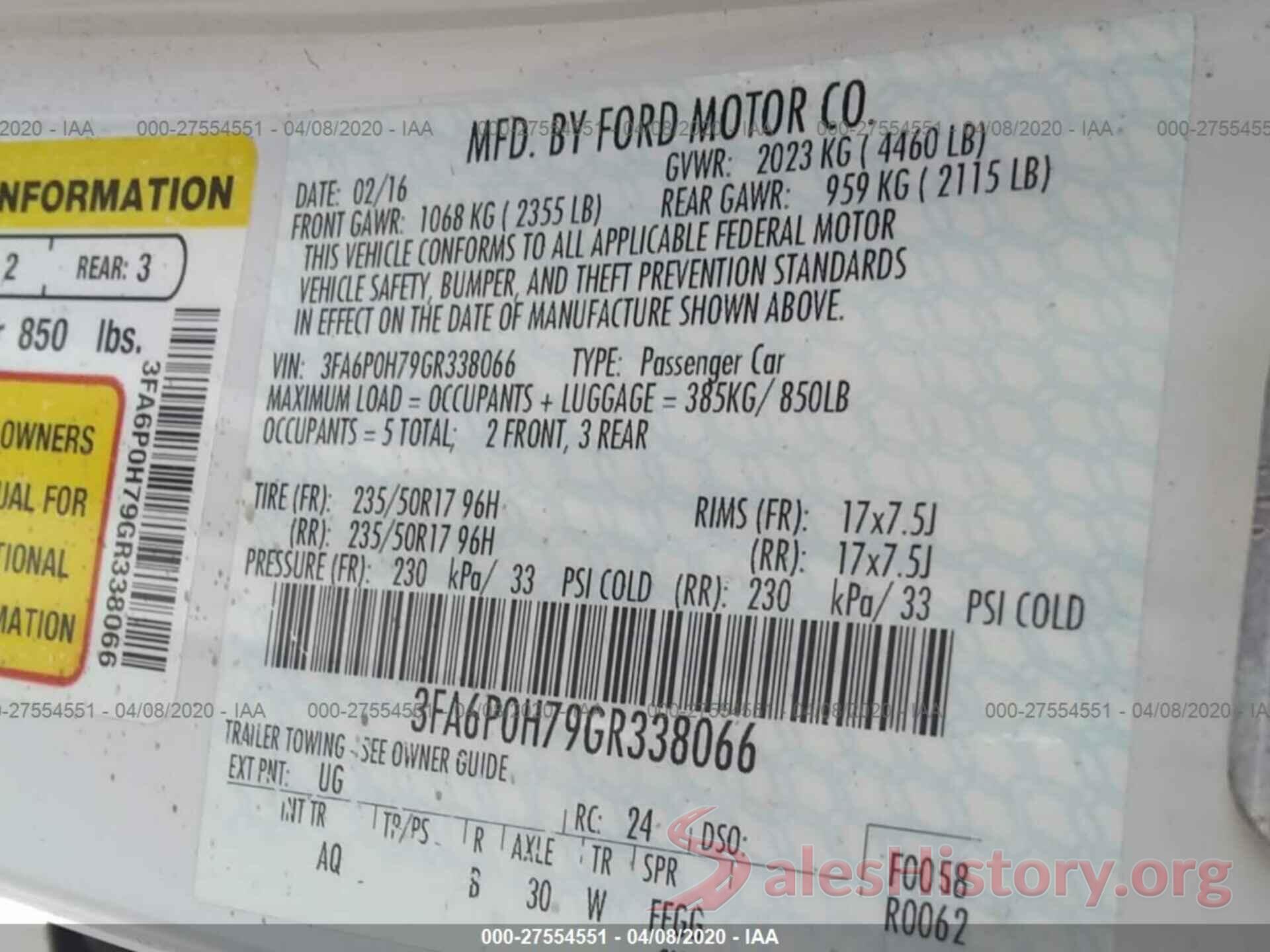 3FA6P0H79GR338066 2016 FORD FUSION