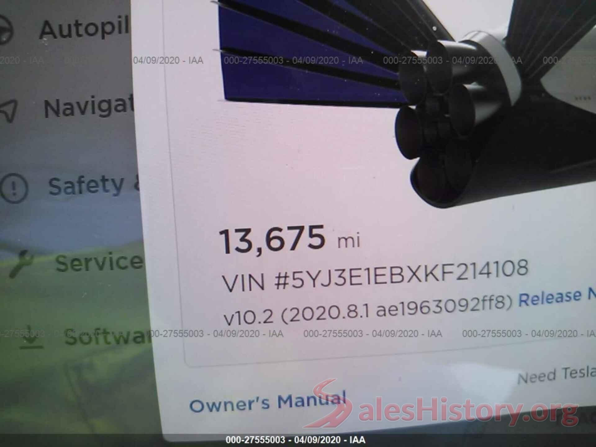 5YJ3E1EBXKF214108 2019 TESLA MODEL 3