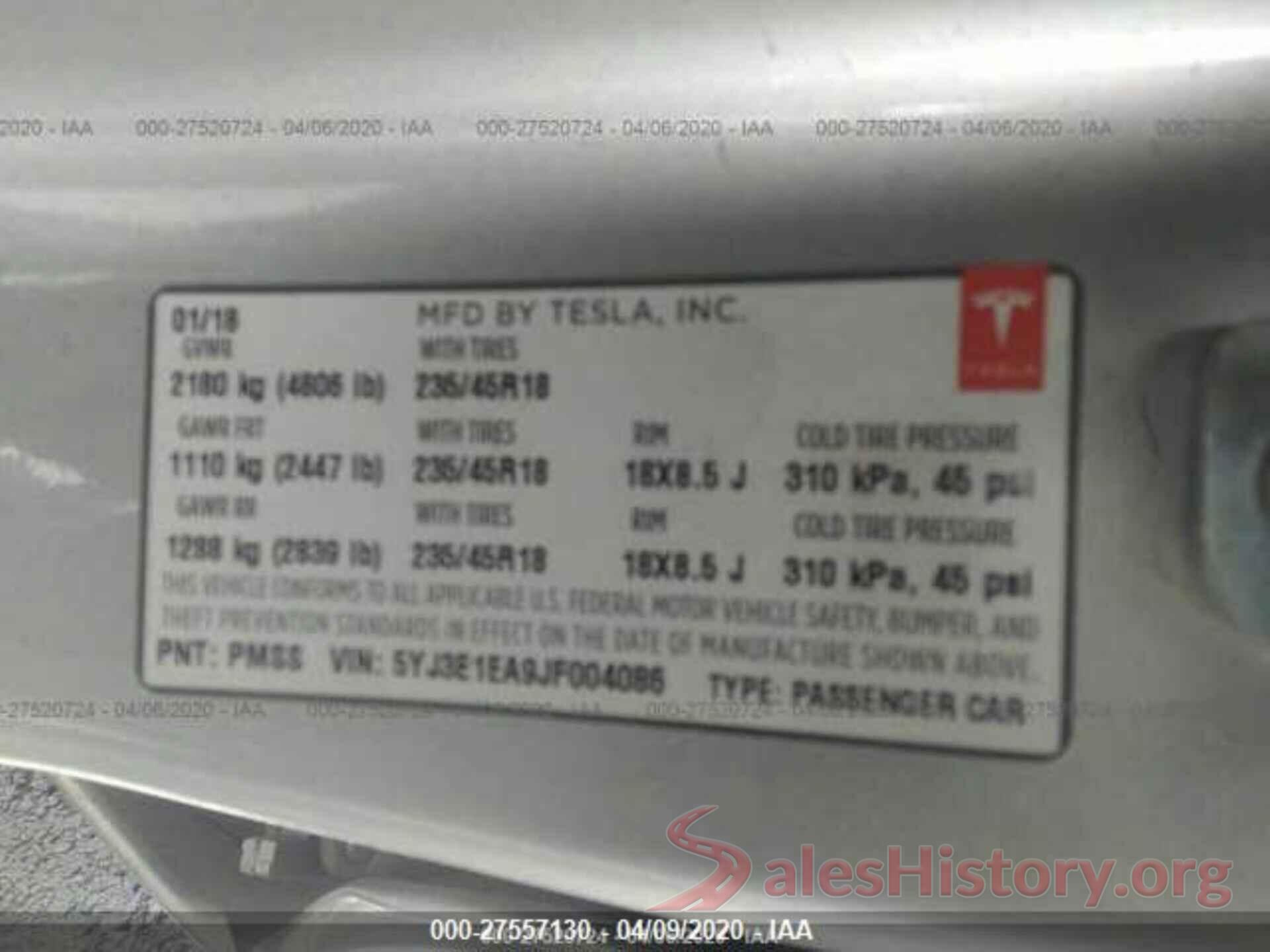 5YJ3E1EA9JF004086 2018 TESLA MODEL 3