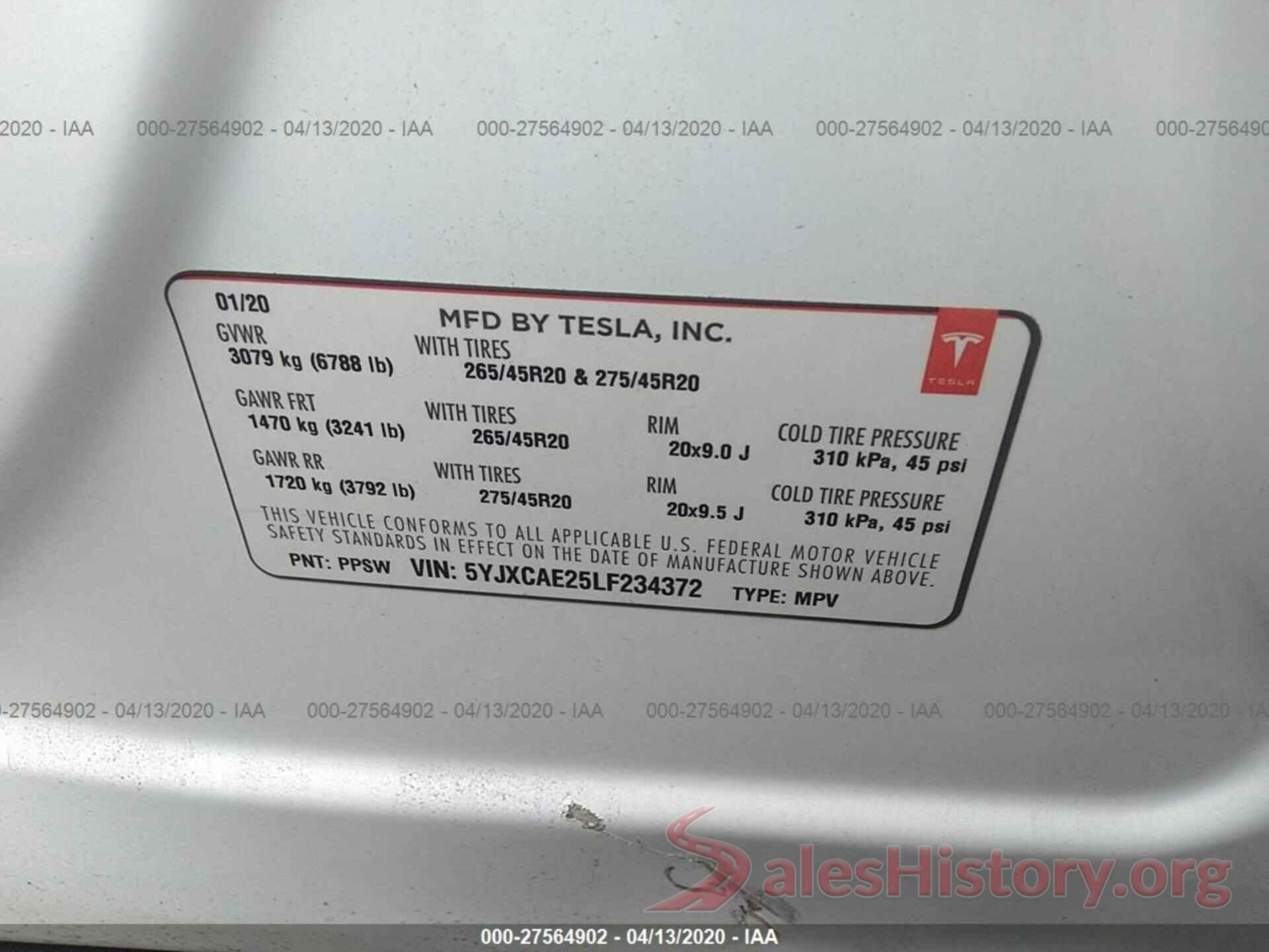 5YJXCAE25LF234372 2020 TESLA MODEL X