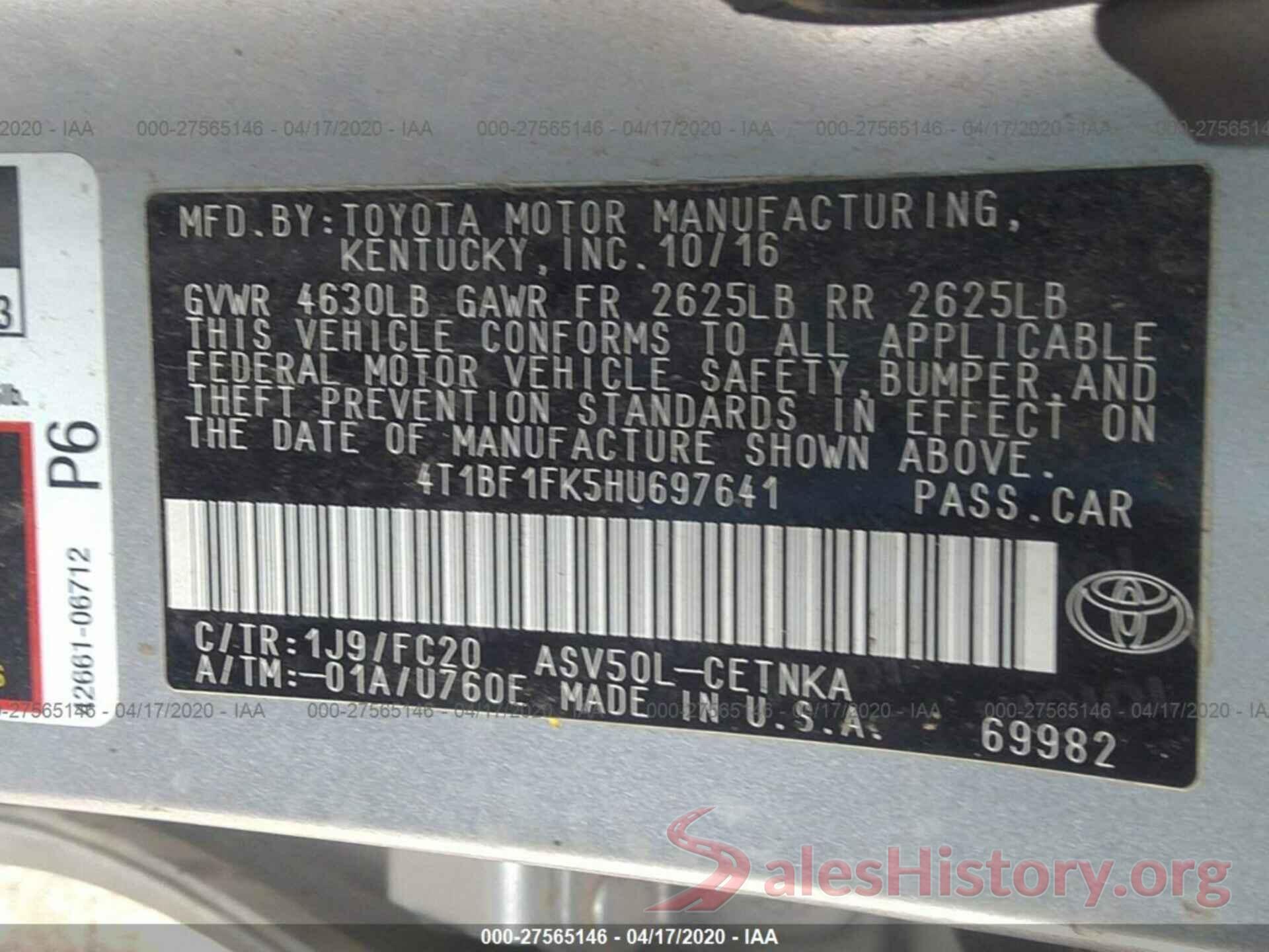 4T1BF1FK5HU697641 2017 TOYOTA CAMRY