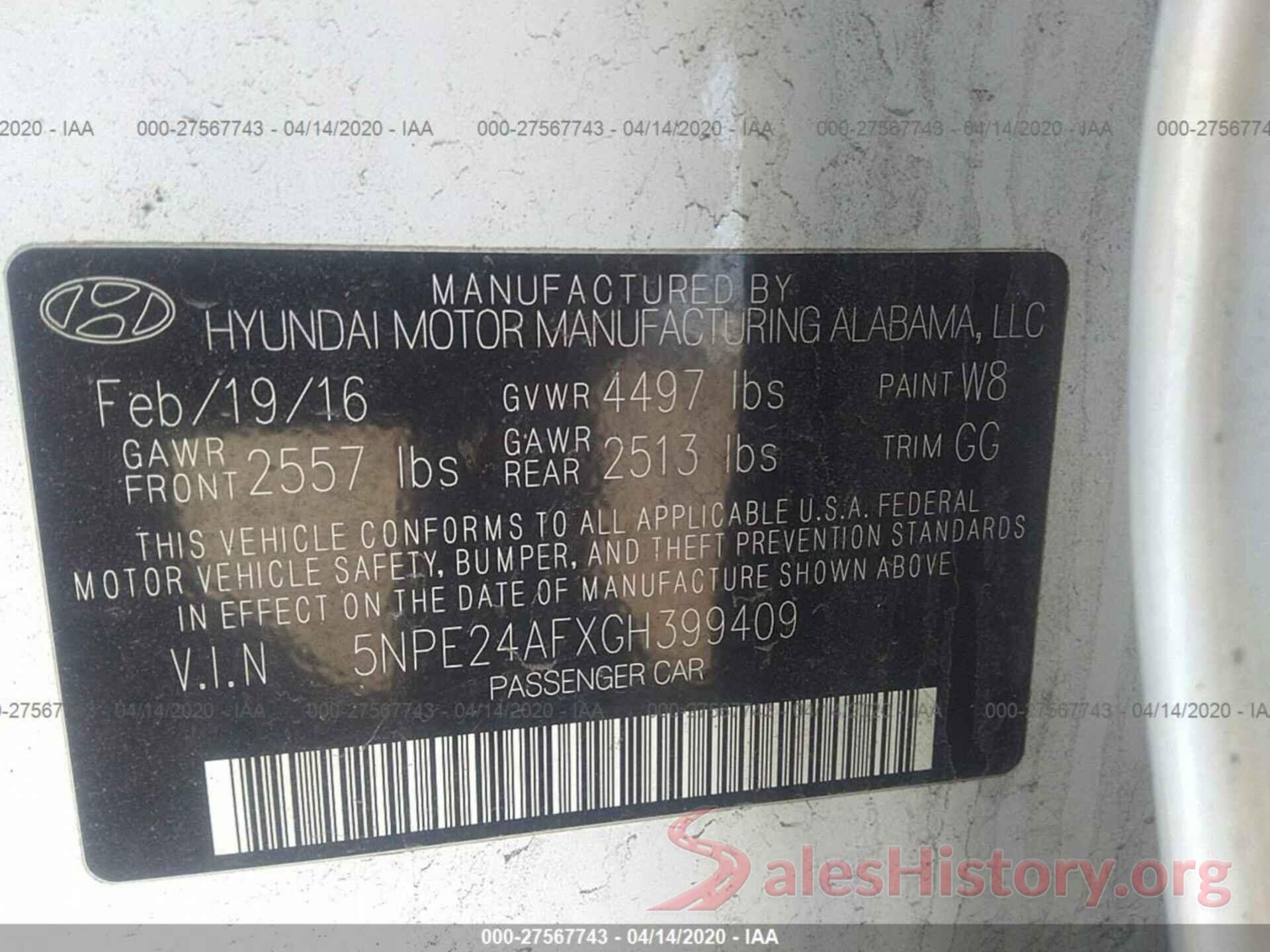 5NPE24AFXGH399409 2016 HYUNDAI SONATA