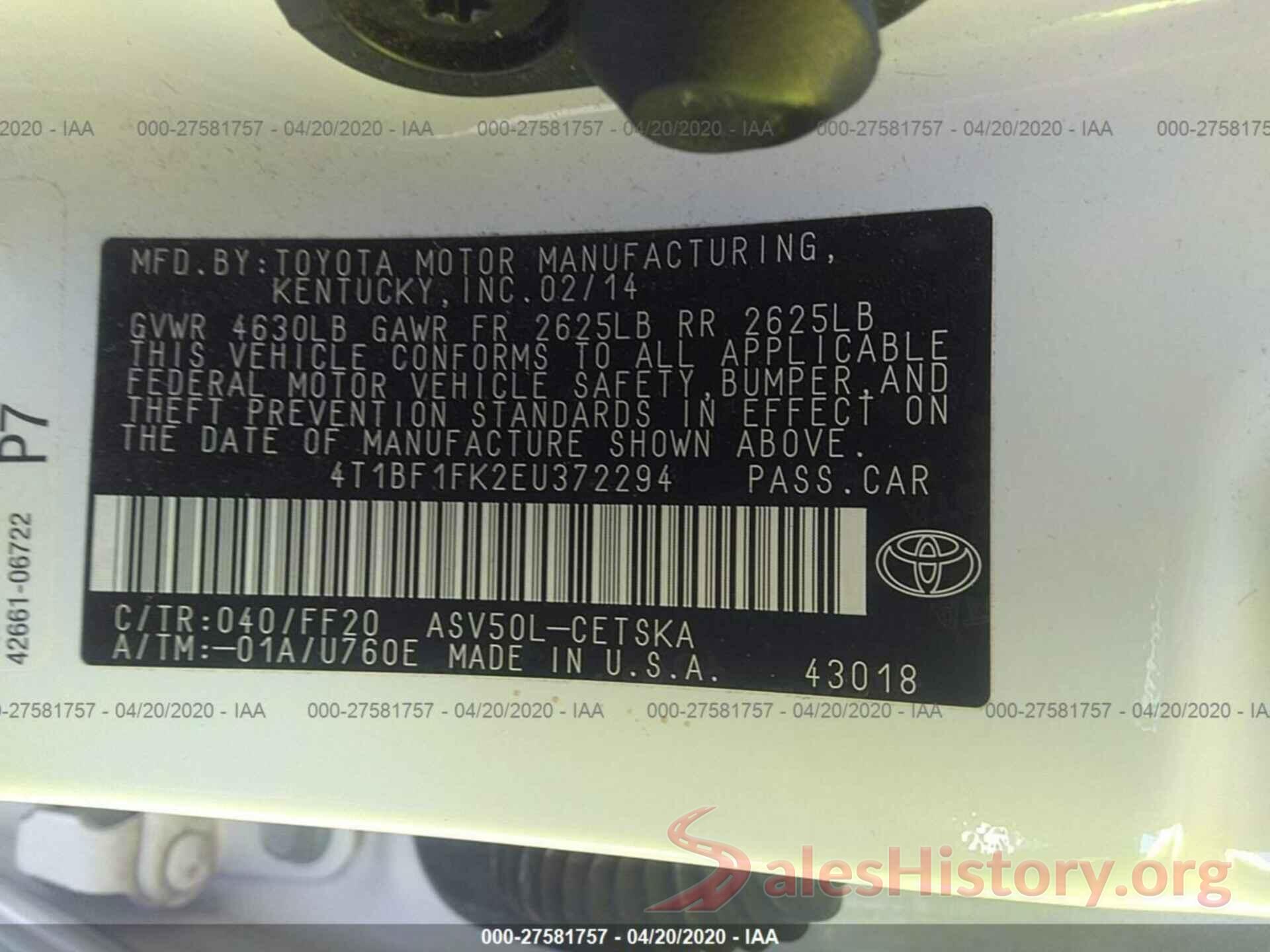 4T1BF1FK2EU372294 2014 TOYOTA CAMRY