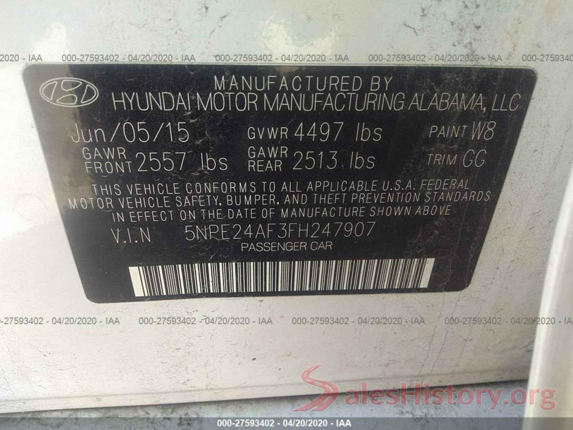 5NPE24AF3FH247907 2015 HYUNDAI SONATA