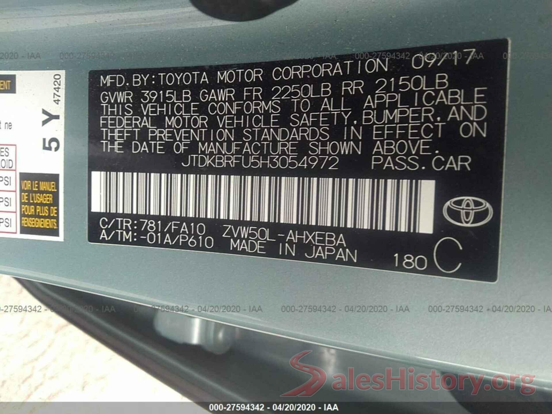 JTDKBRFU5H3054972 2017 TOYOTA PRIUS