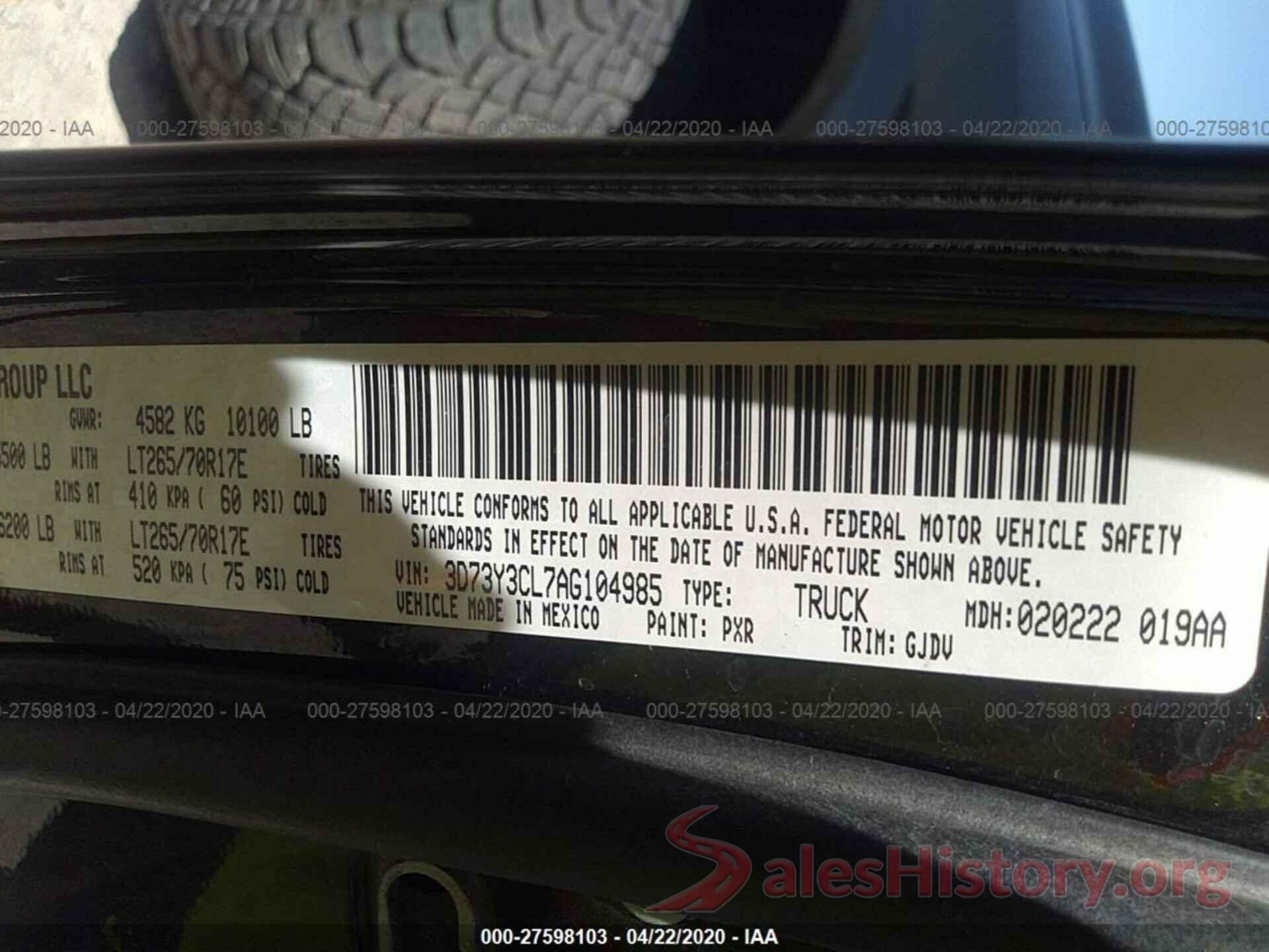 3D73Y3CL7AG104985 2010 DODGE RAM 3500