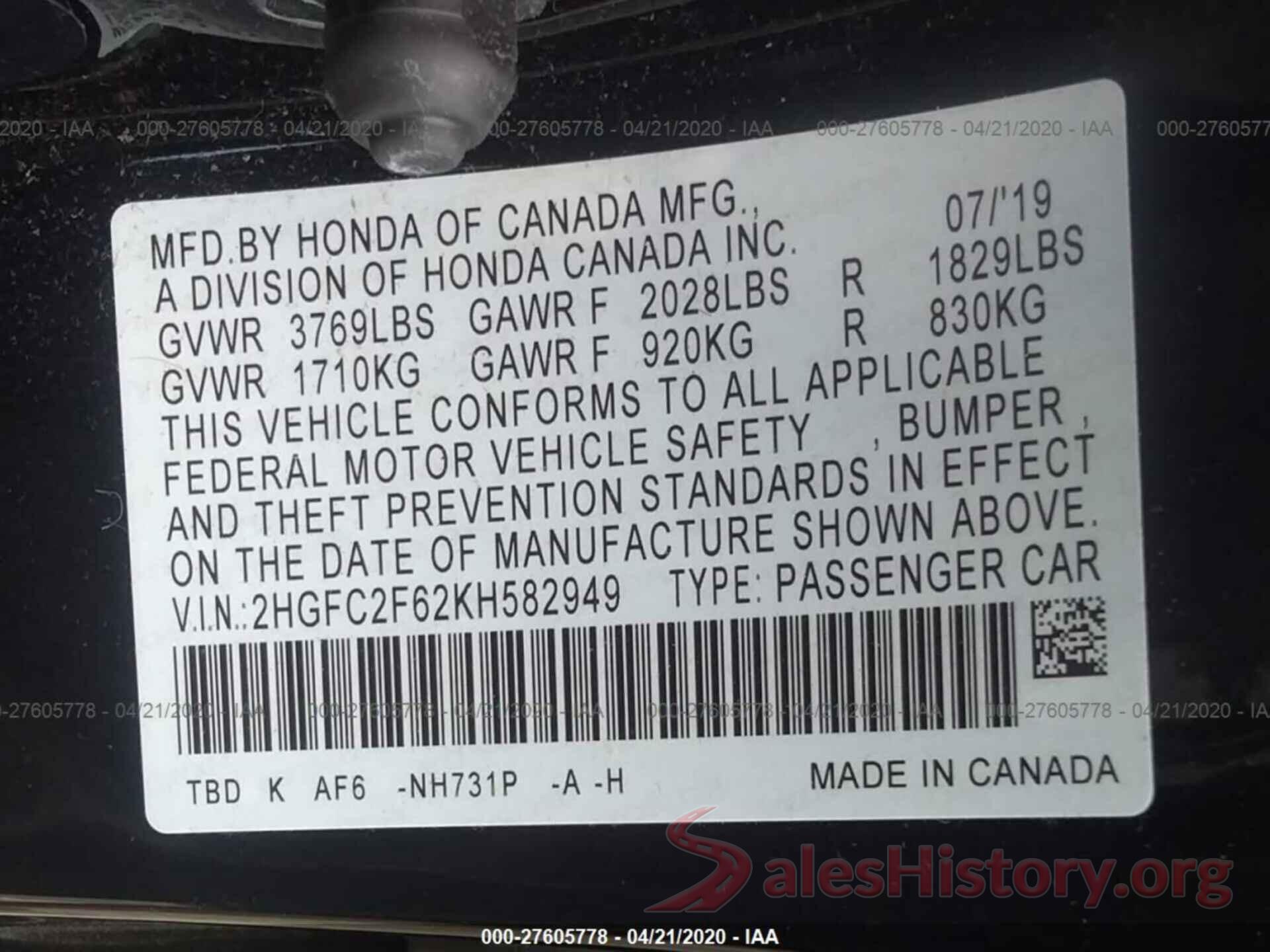 2HGFC2F62KH582949 2019 HONDA CIVIC