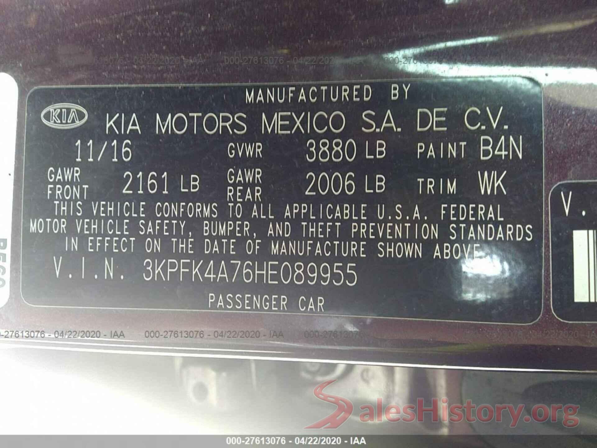 3KPFK4A76HE089955 2017 KIA Forte