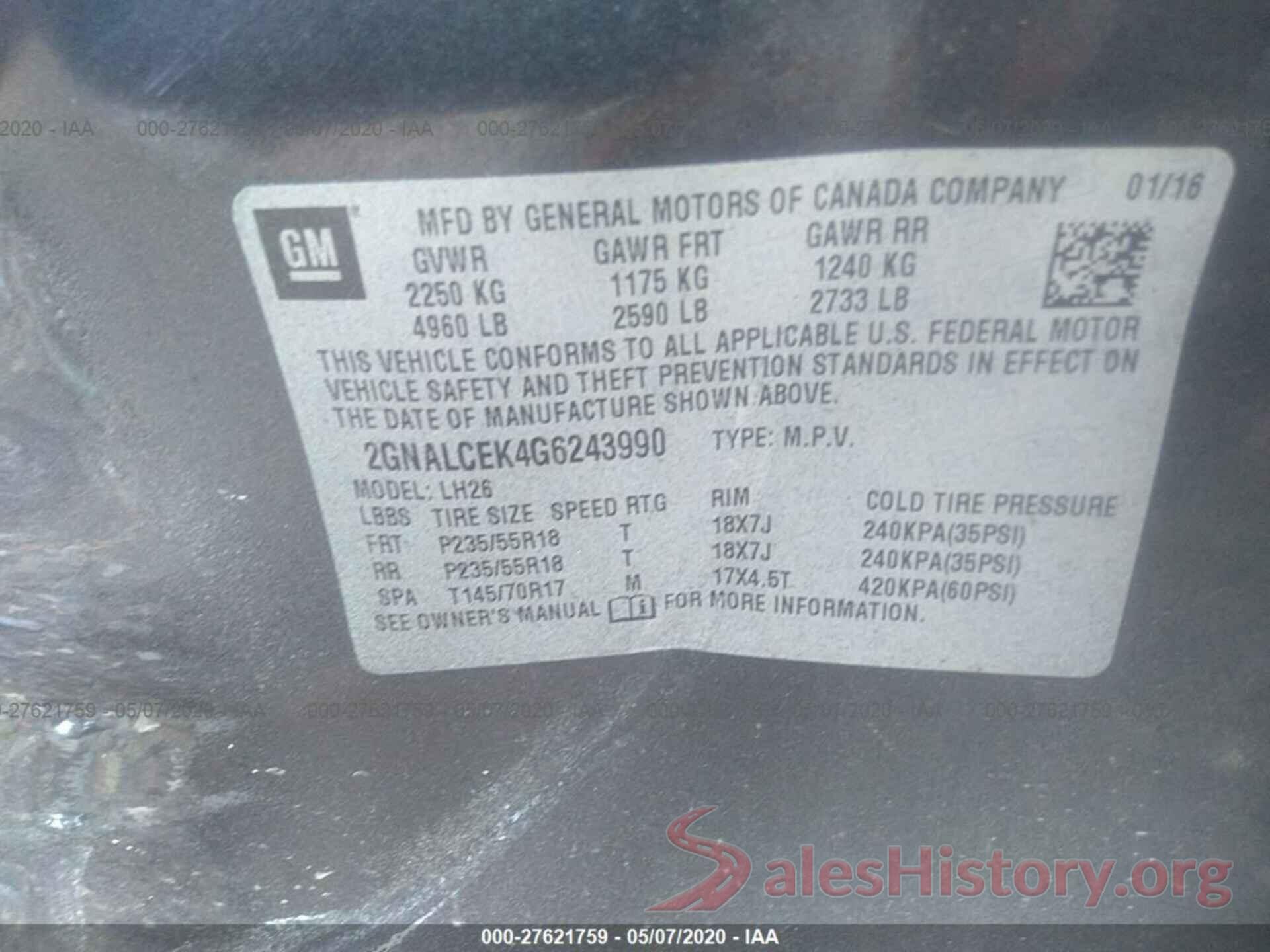 2GNALCEK4G6243990 2016 Chevrolet Equinox