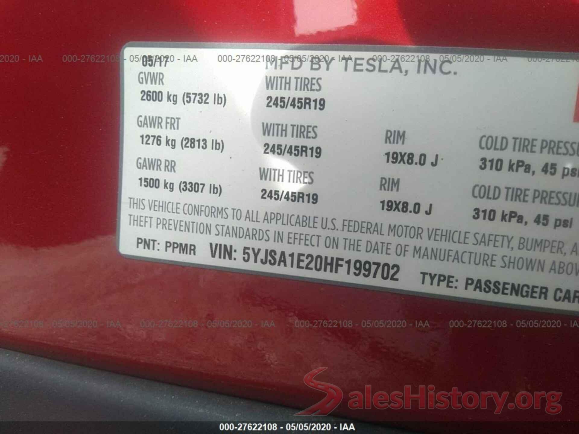 5YJSA1E20HF199702 2017 TESLA MODEL S