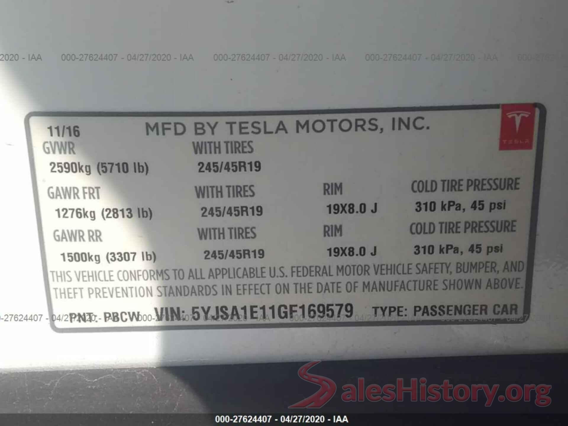 5YJSA1E11GF169579 2016 TESLA MODEL S