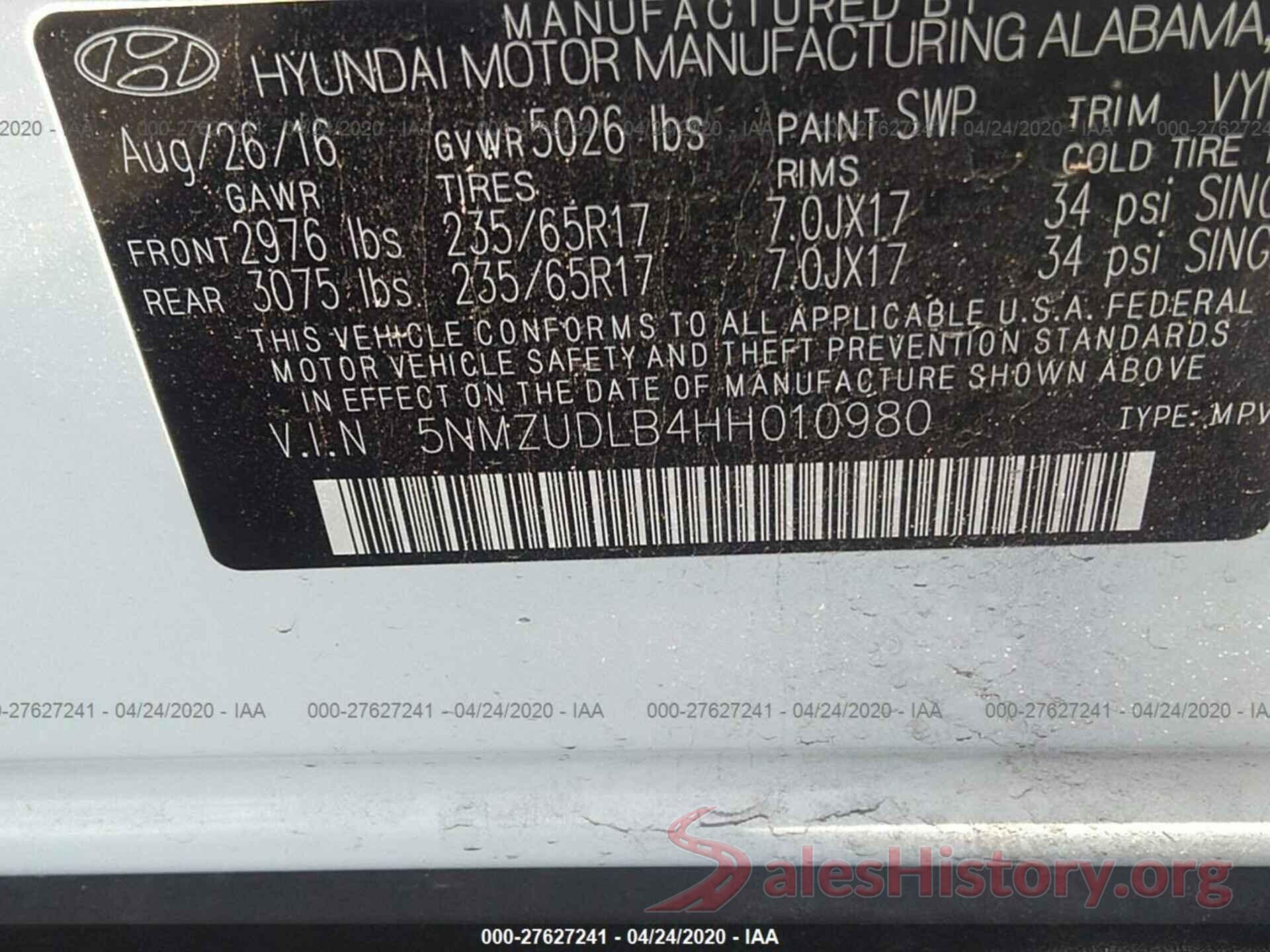 5NMZUDLB4HH010980 2017 Hyundai Santa FE Sport