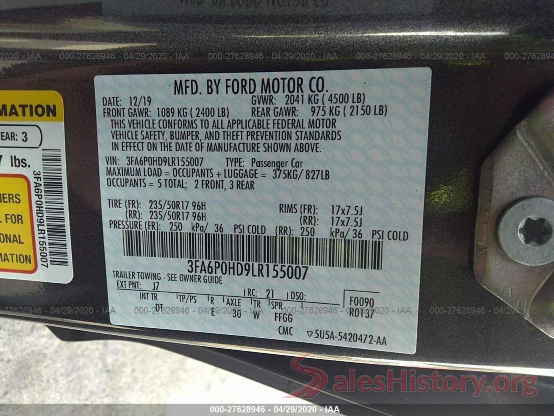 3FA6P0HD9LR155007 2020 FORD FUSION