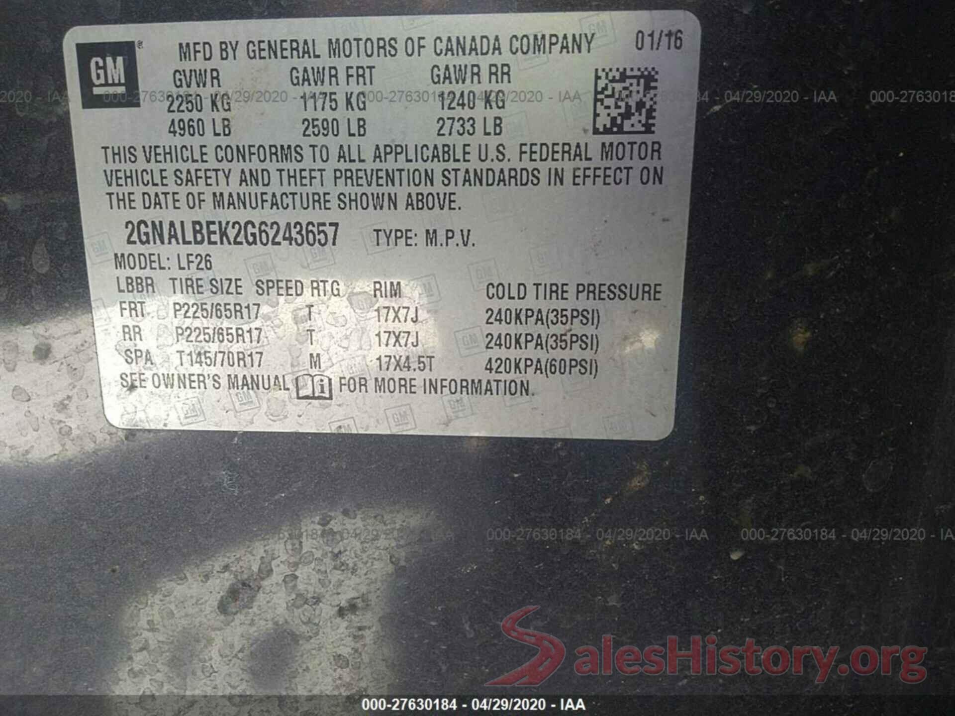 2GNALBEK2G6243657 2016 Chevrolet Equinox