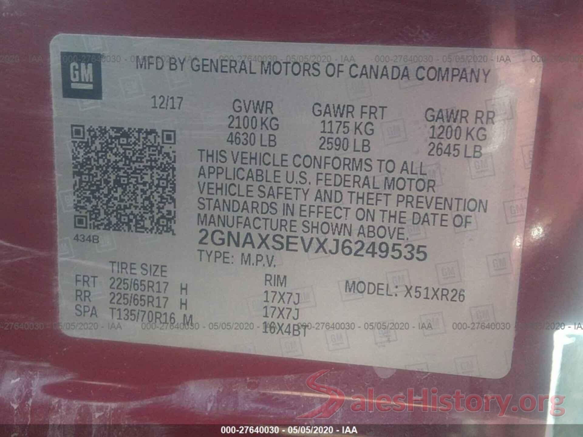 2GNAXSEVXJ6249535 2018 Chevrolet Equinox