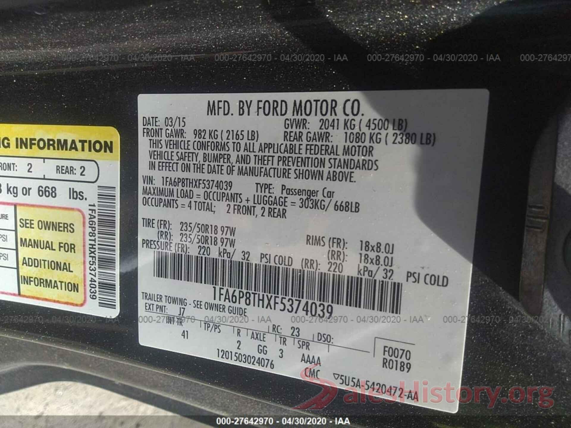 1FA6P8THXF5374039 2015 FORD MUSTANG