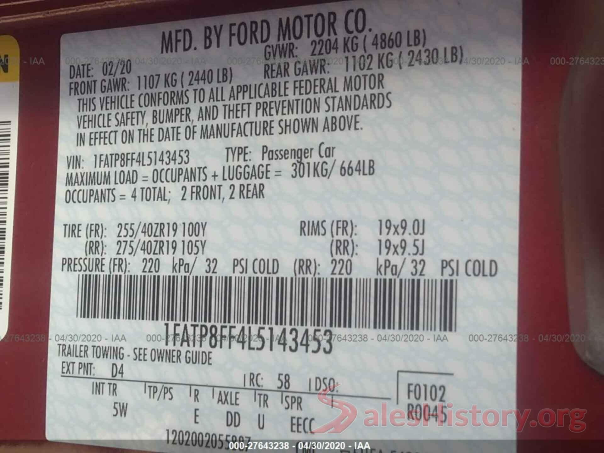 1FATP8FF4L5143453 2020 FORD MUSTANG