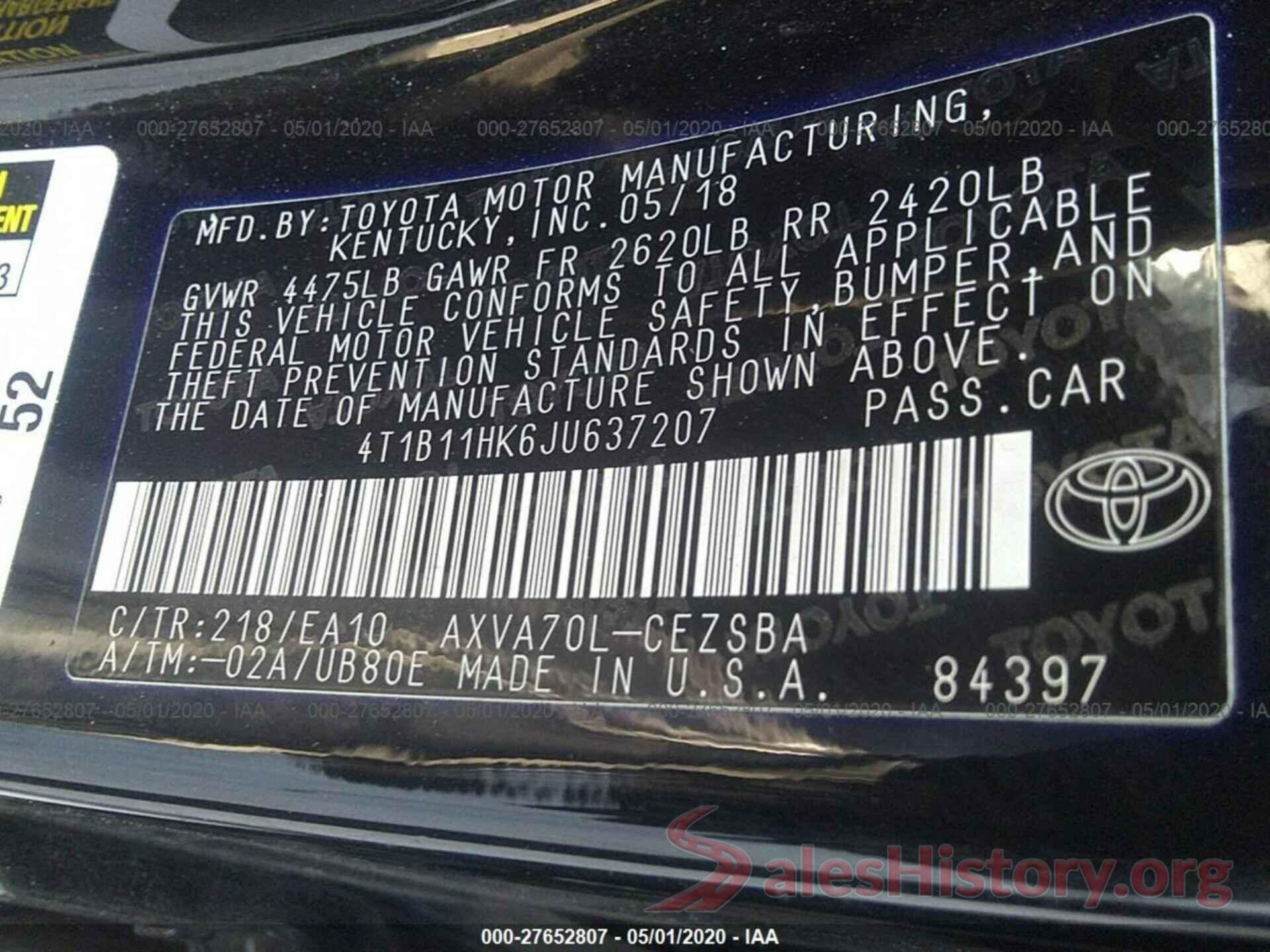 4T1B11HK6JU637207 2018 TOYOTA CAMRY