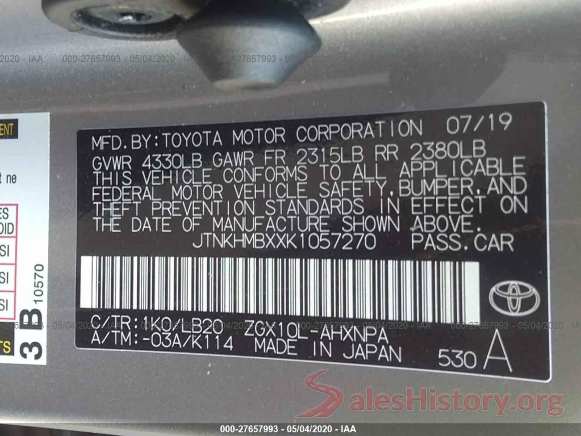 JTNKHMBXXK1057270 2019 TOYOTA C-HR