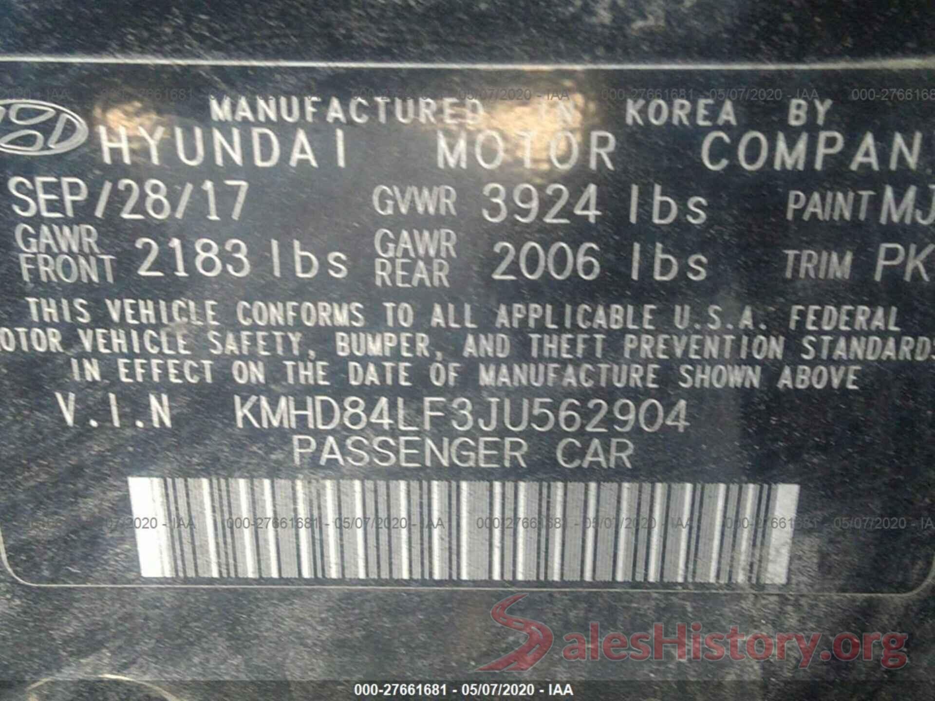 KMHD84LF3JU562904 2018 Hyundai Elantra