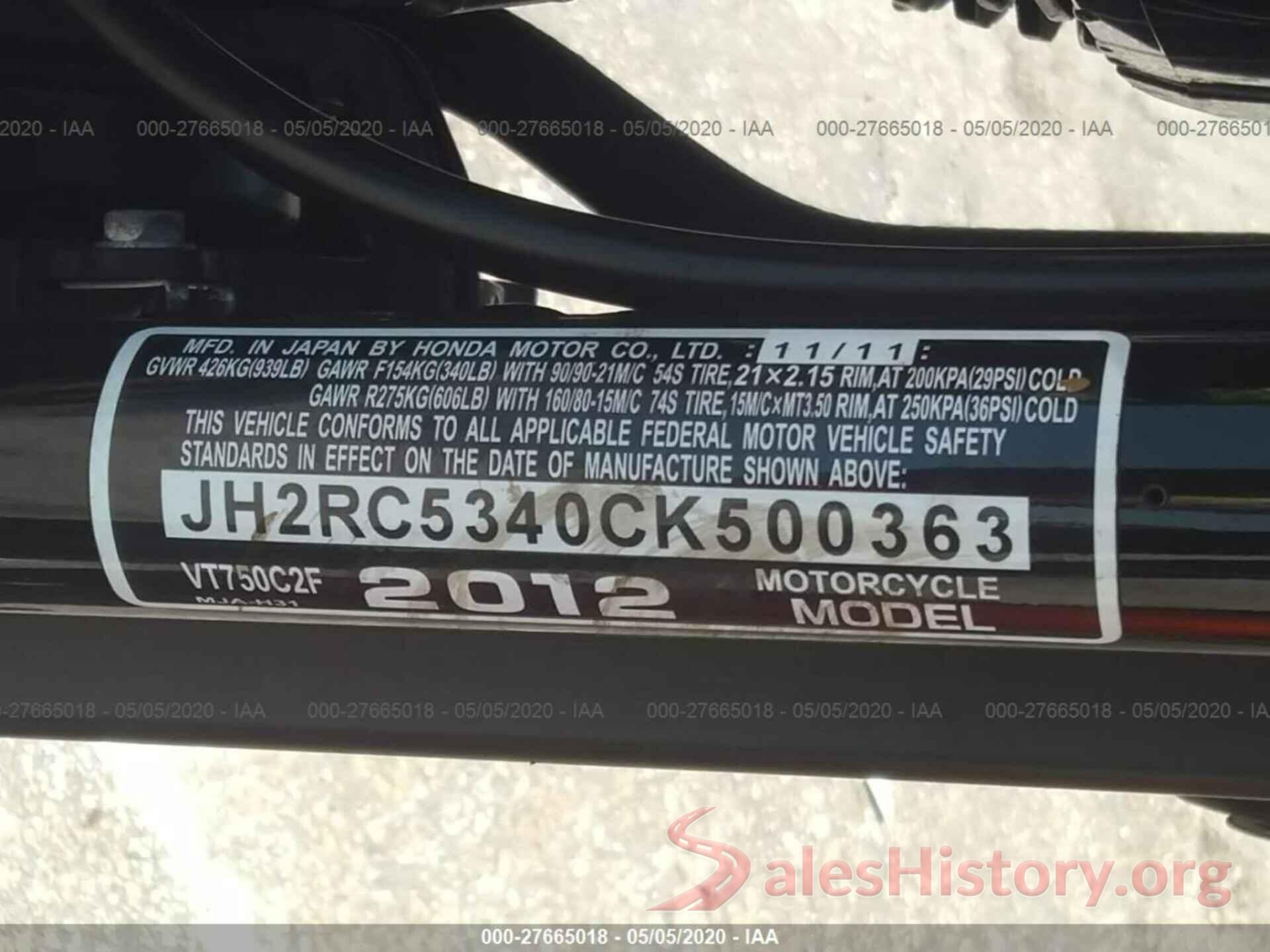 JH2RC5340CK500363 2012 HONDA VT750