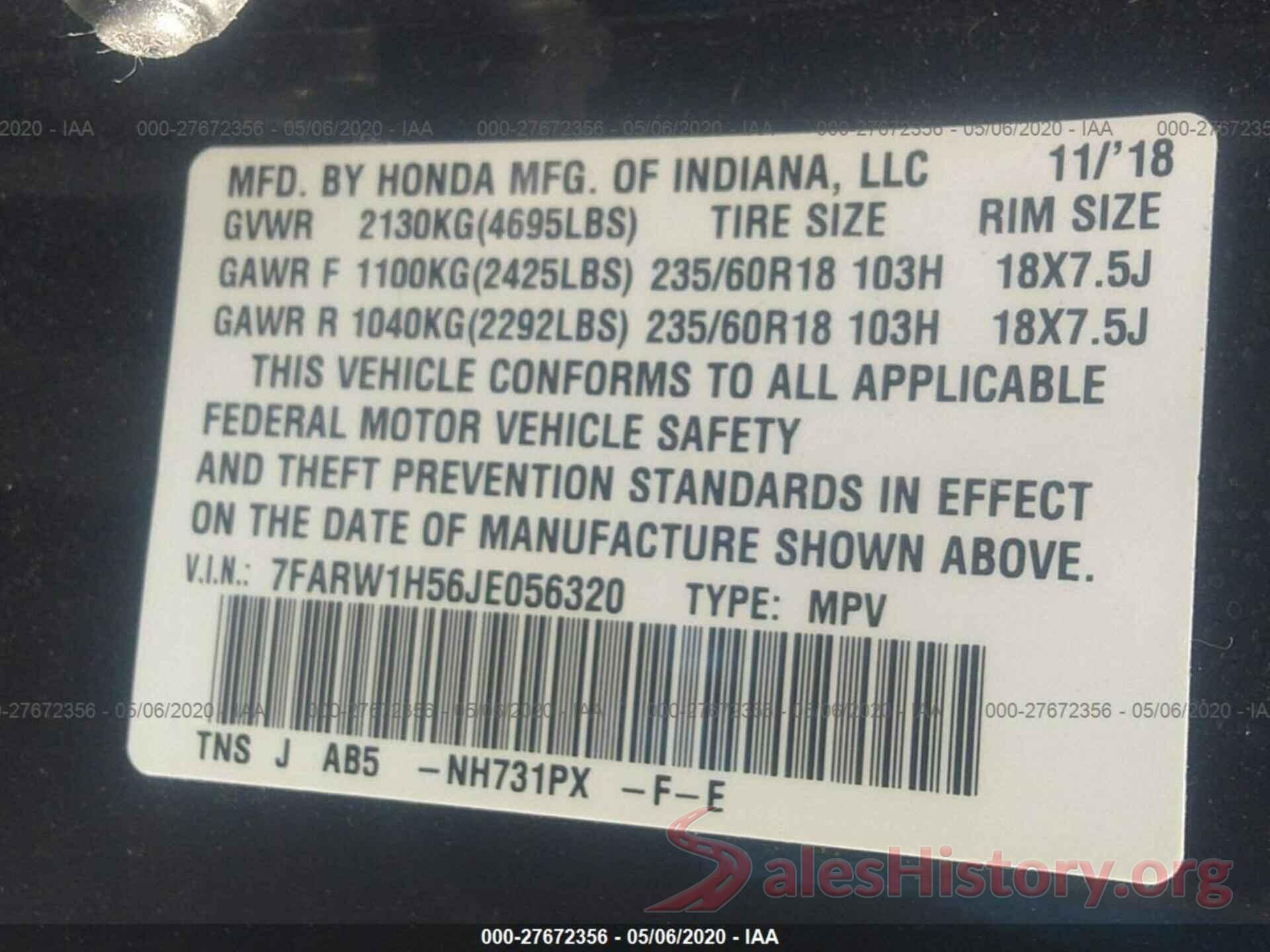 7FARW1H56JE056320 2018 Honda CR-V