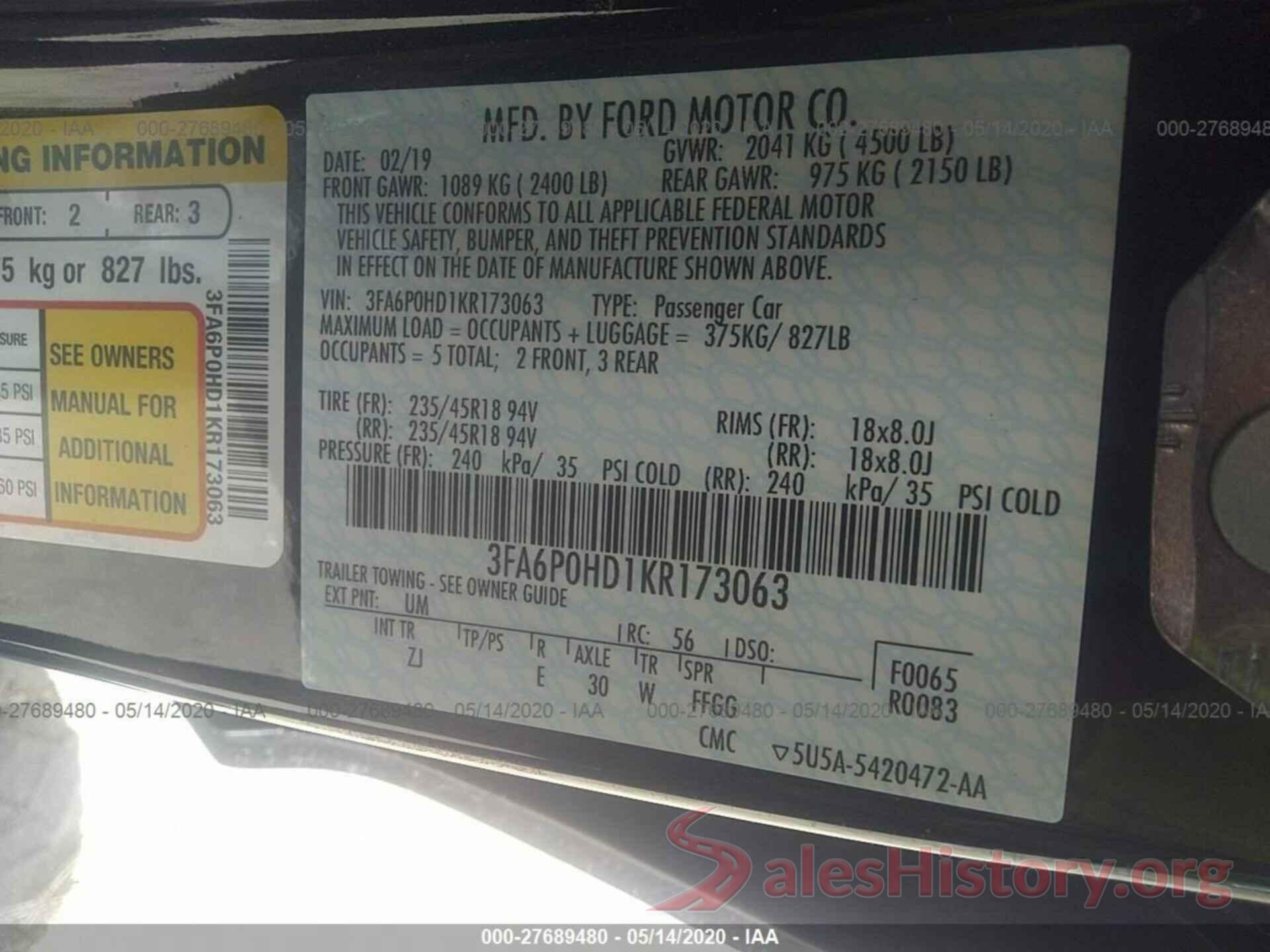 3FA6P0HD1KR173063 2019 FORD FUSION