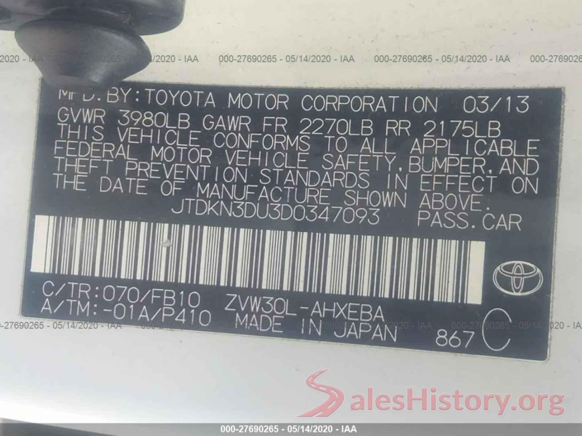 JTDKN3DU3D0347093 2013 TOYOTA PRIUS