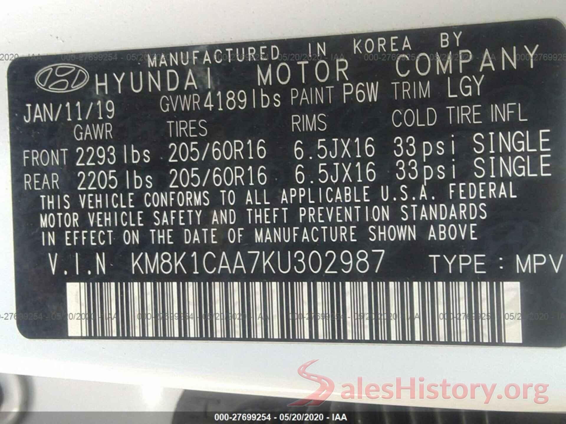 KM8K1CAA7KU302987 2019 HYUNDAI KONA