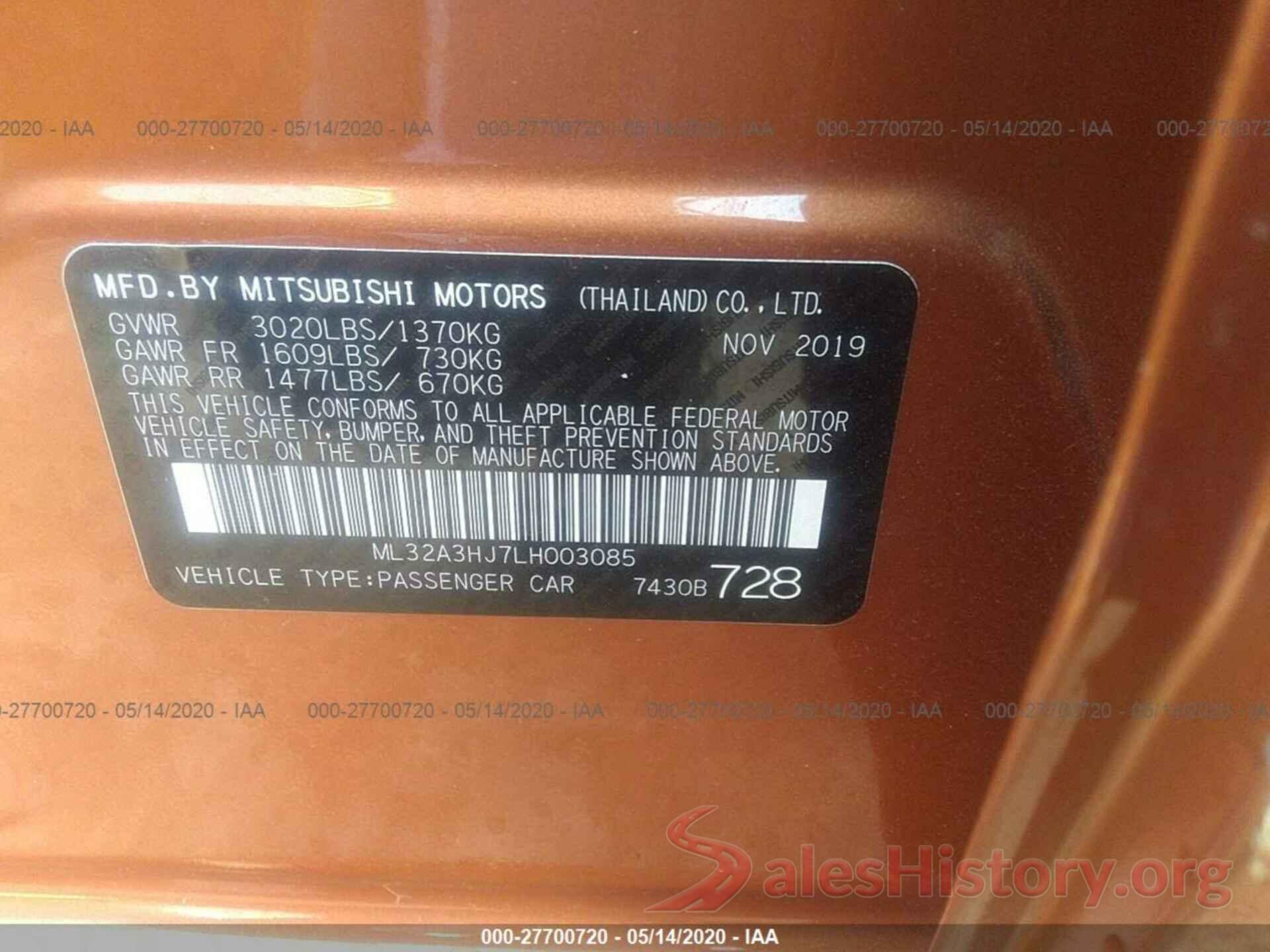 ML32A3HJ7LH003085 2020 MITSUBISHI MIRAGE