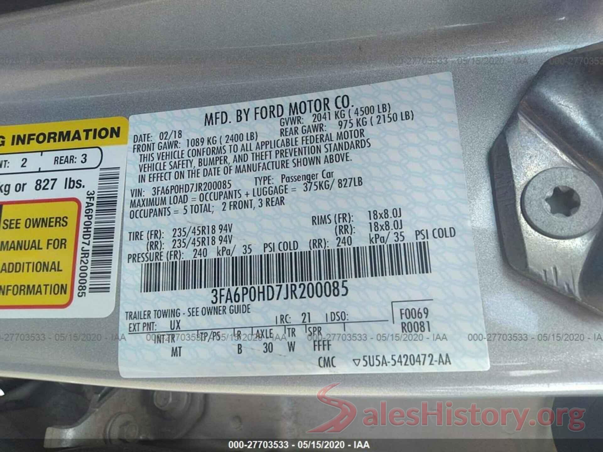 3FA6P0HD7JR200085 2018 FORD FUSION