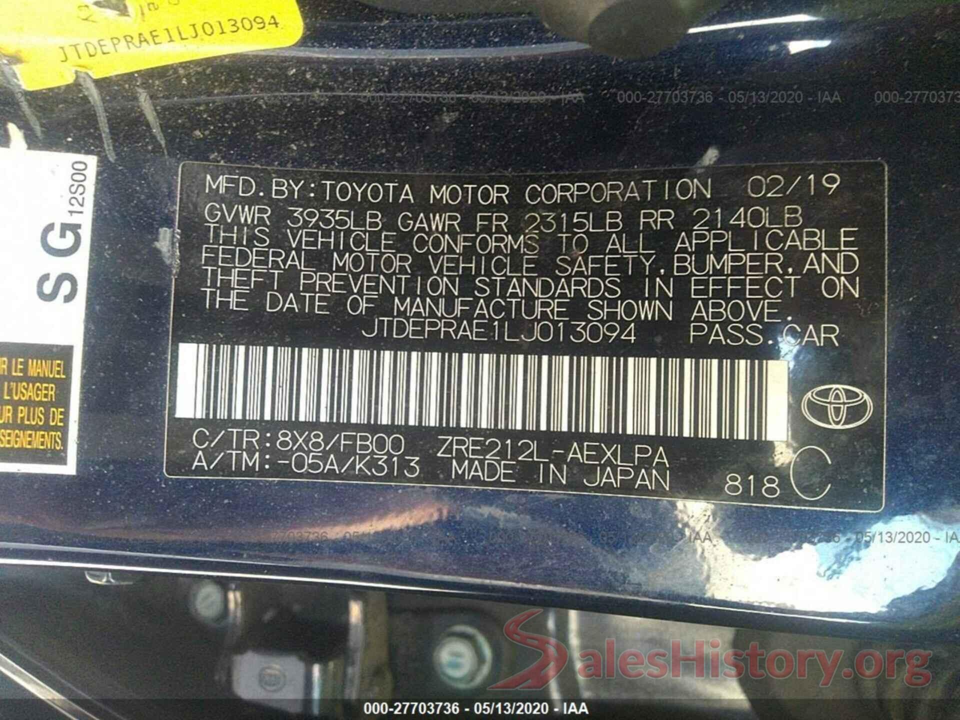 JTDEPRAE1LJ013094 2020 TOYOTA COROLLA