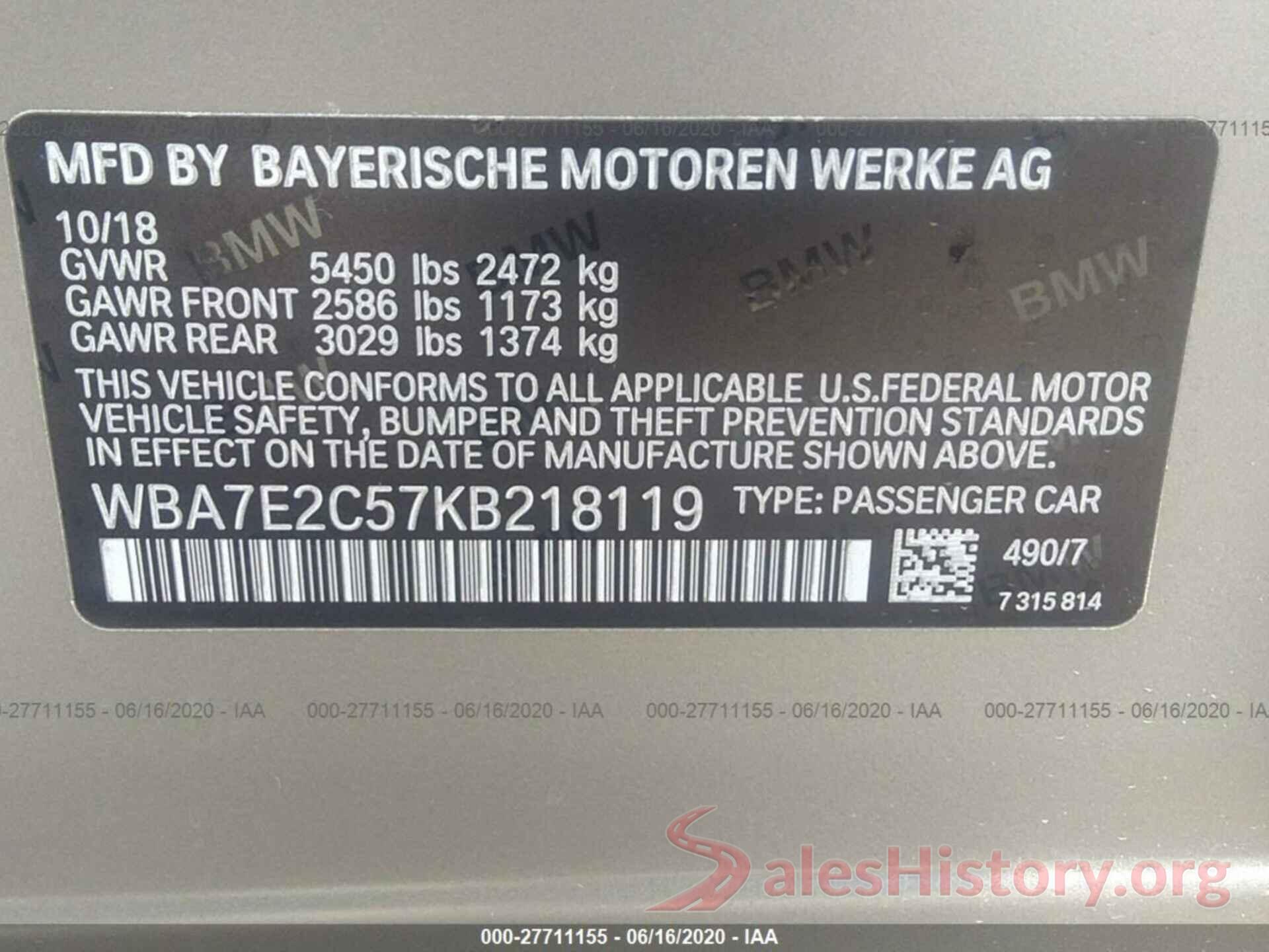 WBA7E2C57KB218119 2019 BMW 7 SERIES