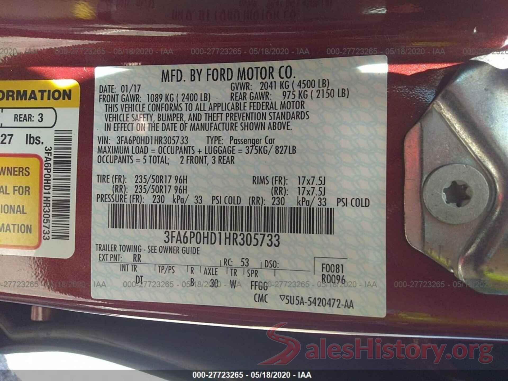 3FA6P0HD1HR305733 2017 FORD FUSION