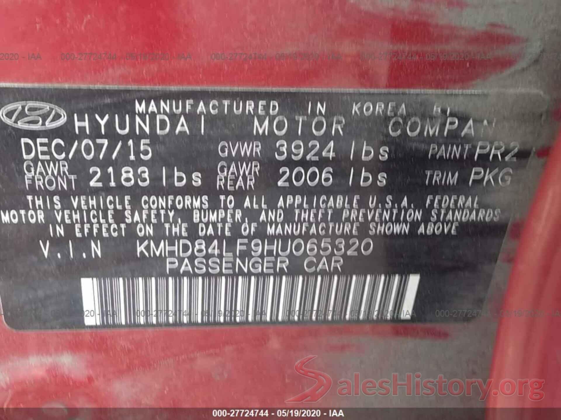 KMHD84LF9HU065320 2017 Hyundai Elantra