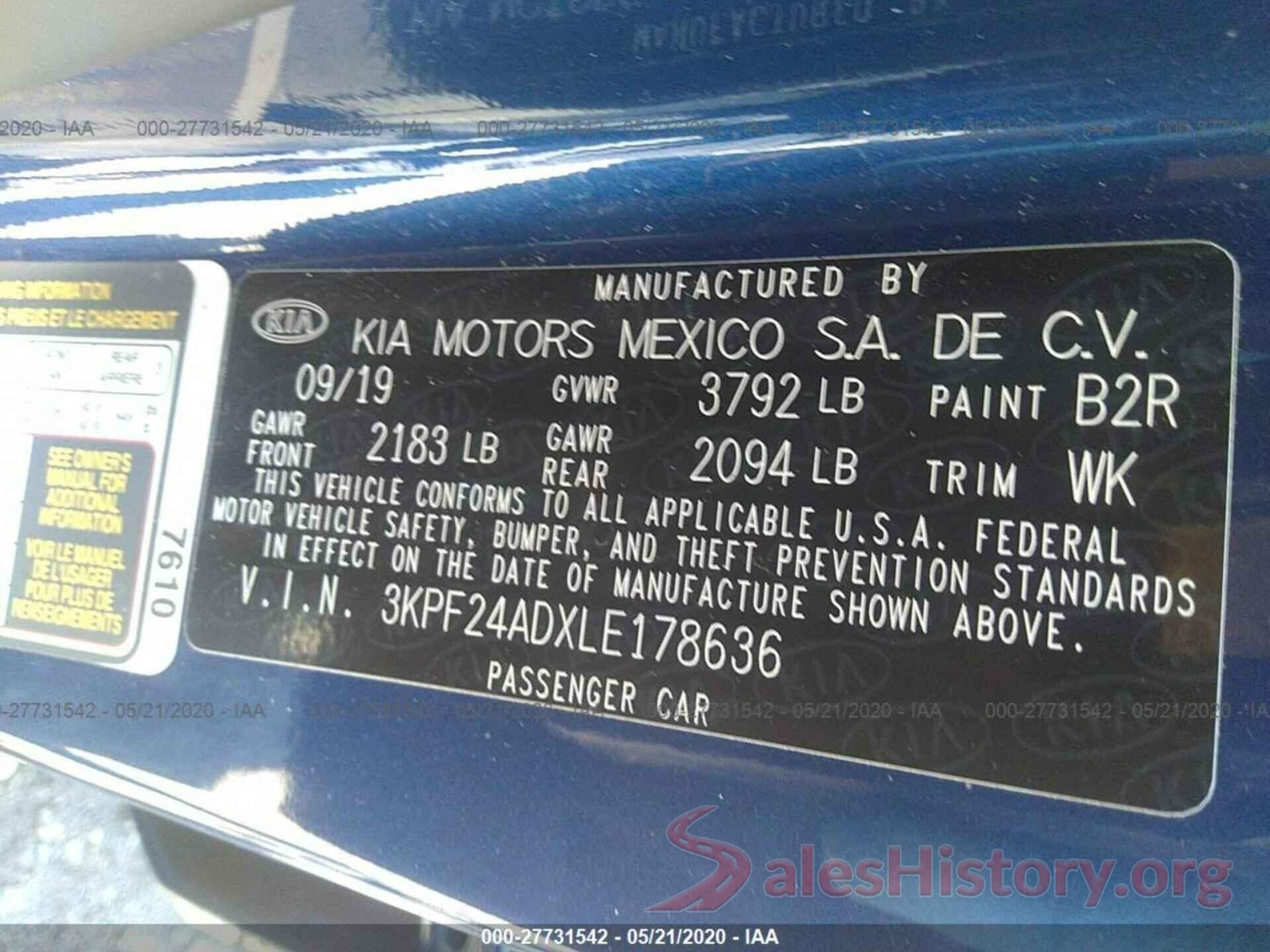 3KPF24ADXLE178636 2020 KIA FORTE