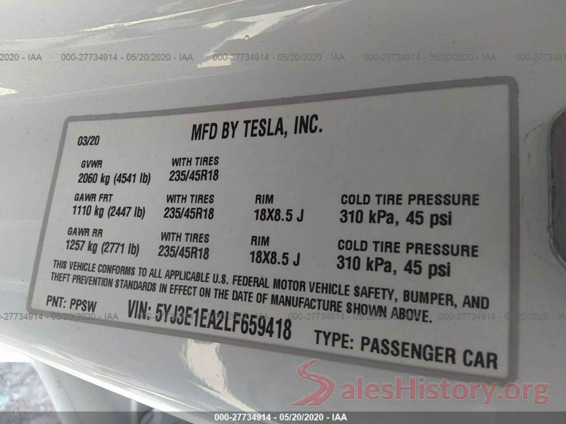 5YJ3E1EA2LF659418 2020 TESLA MODEL 3