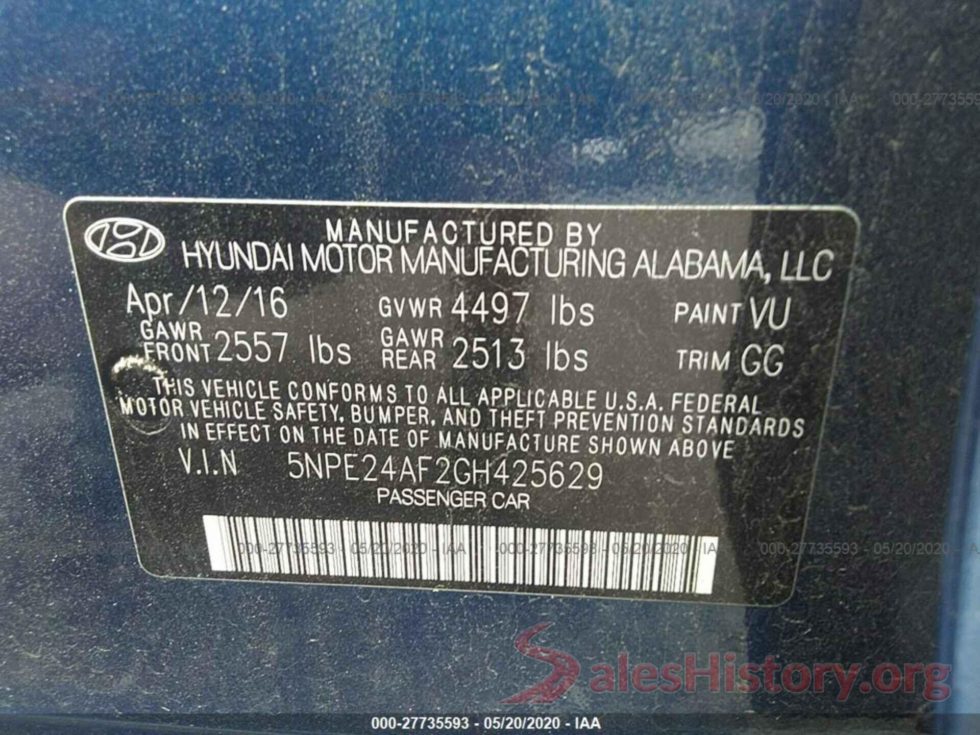 5NPE24AF2GH425629 2016 Hyundai Sonata