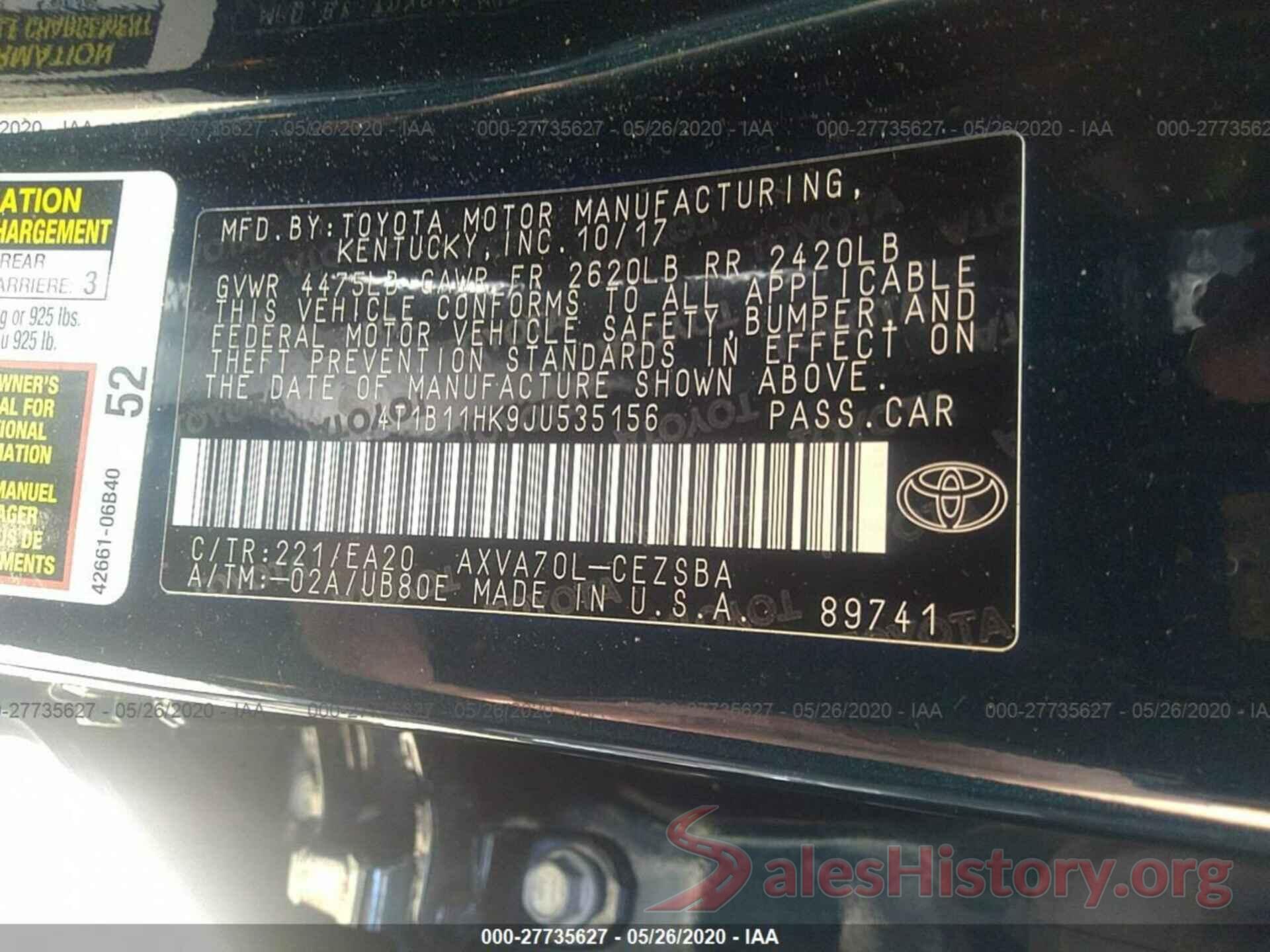 4T1B11HK9JU535156 2018 Toyota Camry