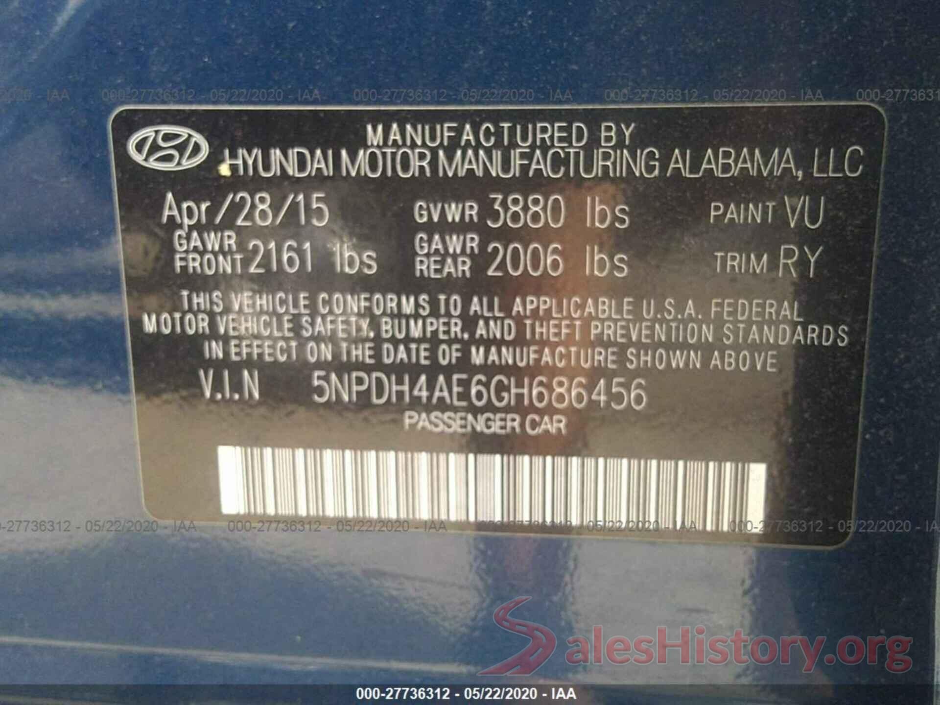 5NPDH4AE6GH686456 2016 Hyundai Elantra