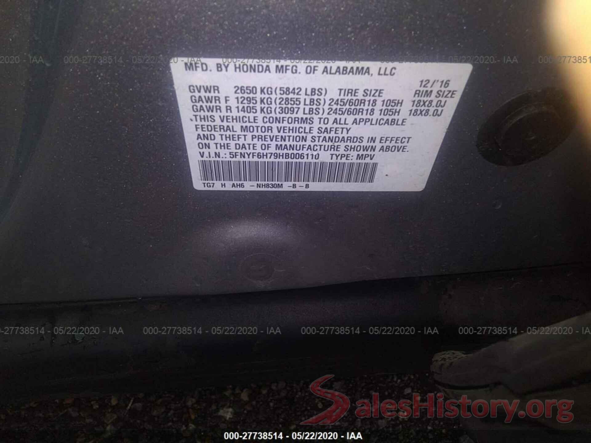 5FNYF6H79HB006110 2017 Honda Pilot