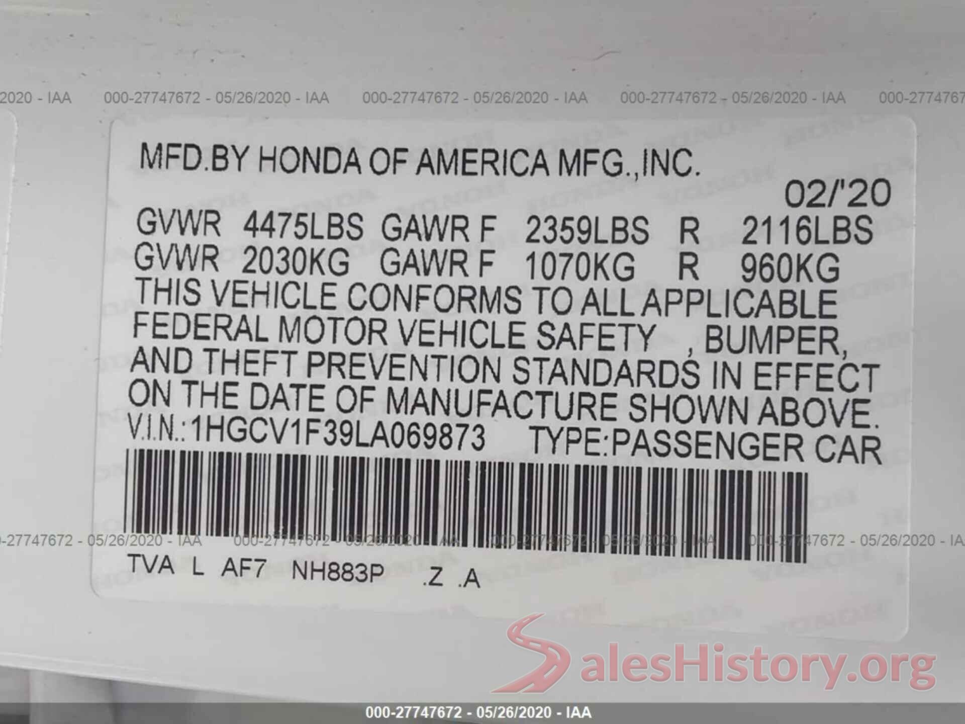 1HGCV1F39LA069873 2020 HONDA ACCORD