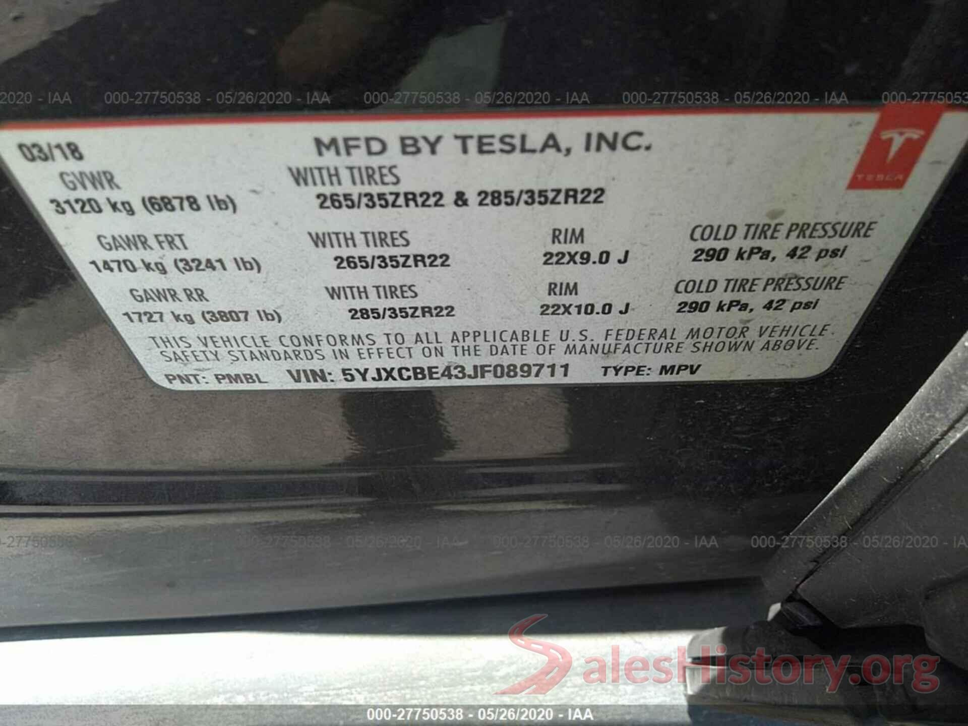 5YJXCBE43JF089711 2018 TESLA MODEL X