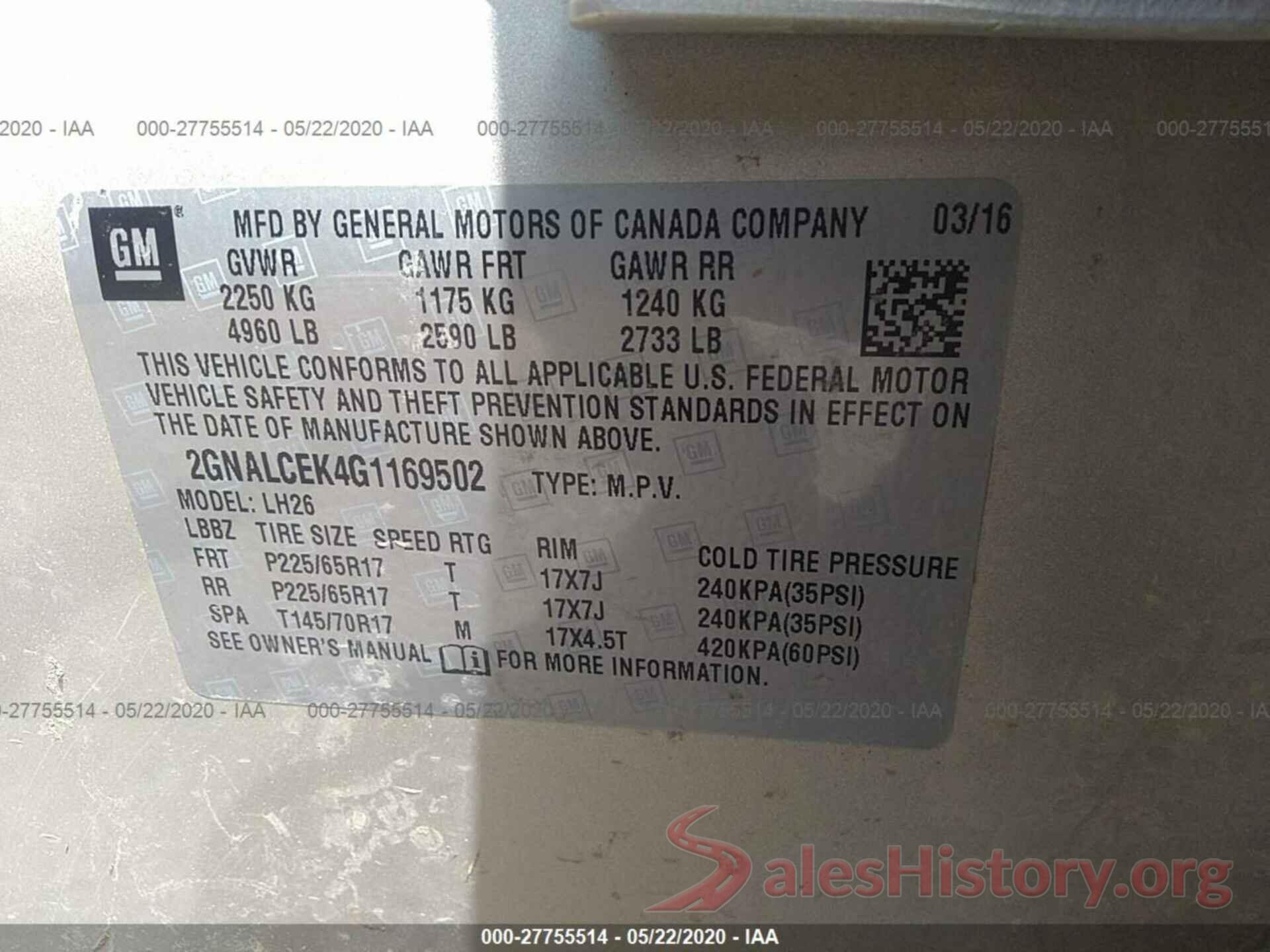 2GNALCEK4G1169502 2016 Chevrolet Equinox