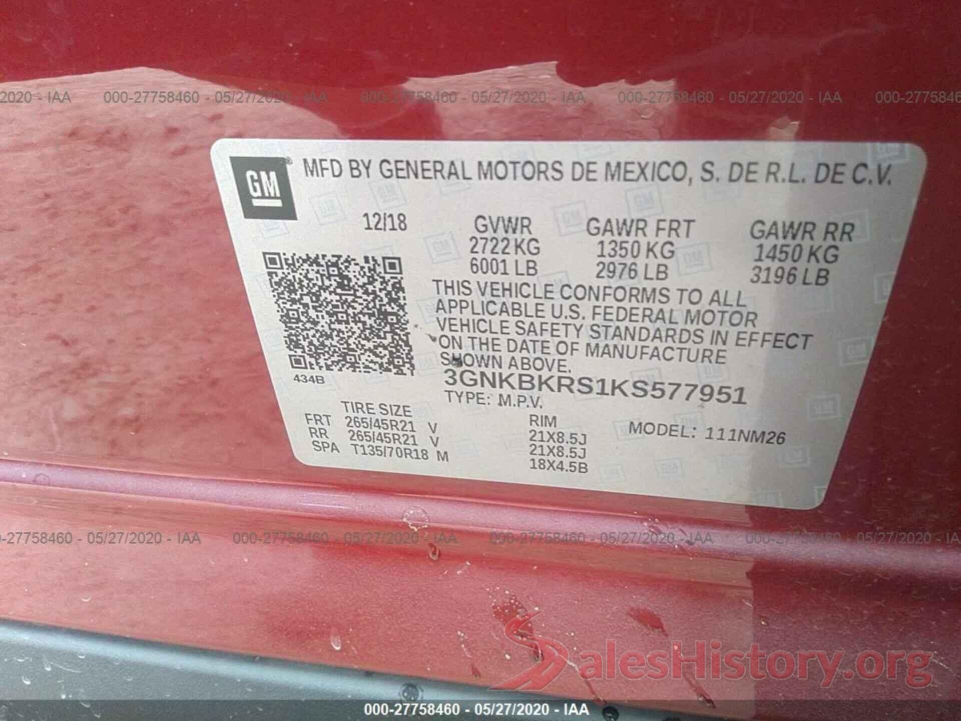 3GNKBKRS1KS577951 2019 CHEVROLET BLAZER