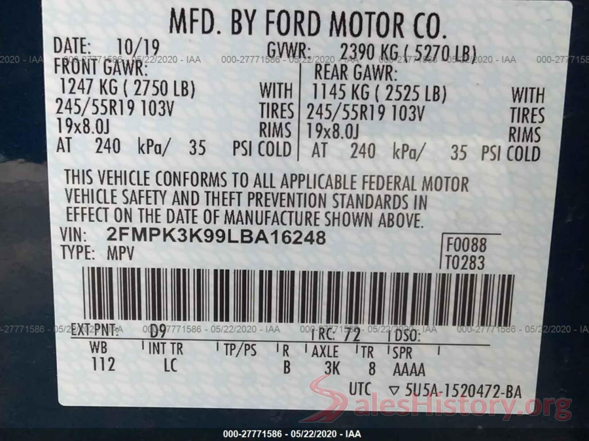 2FMPK3K99LBA16248 2020 FORD EDGE